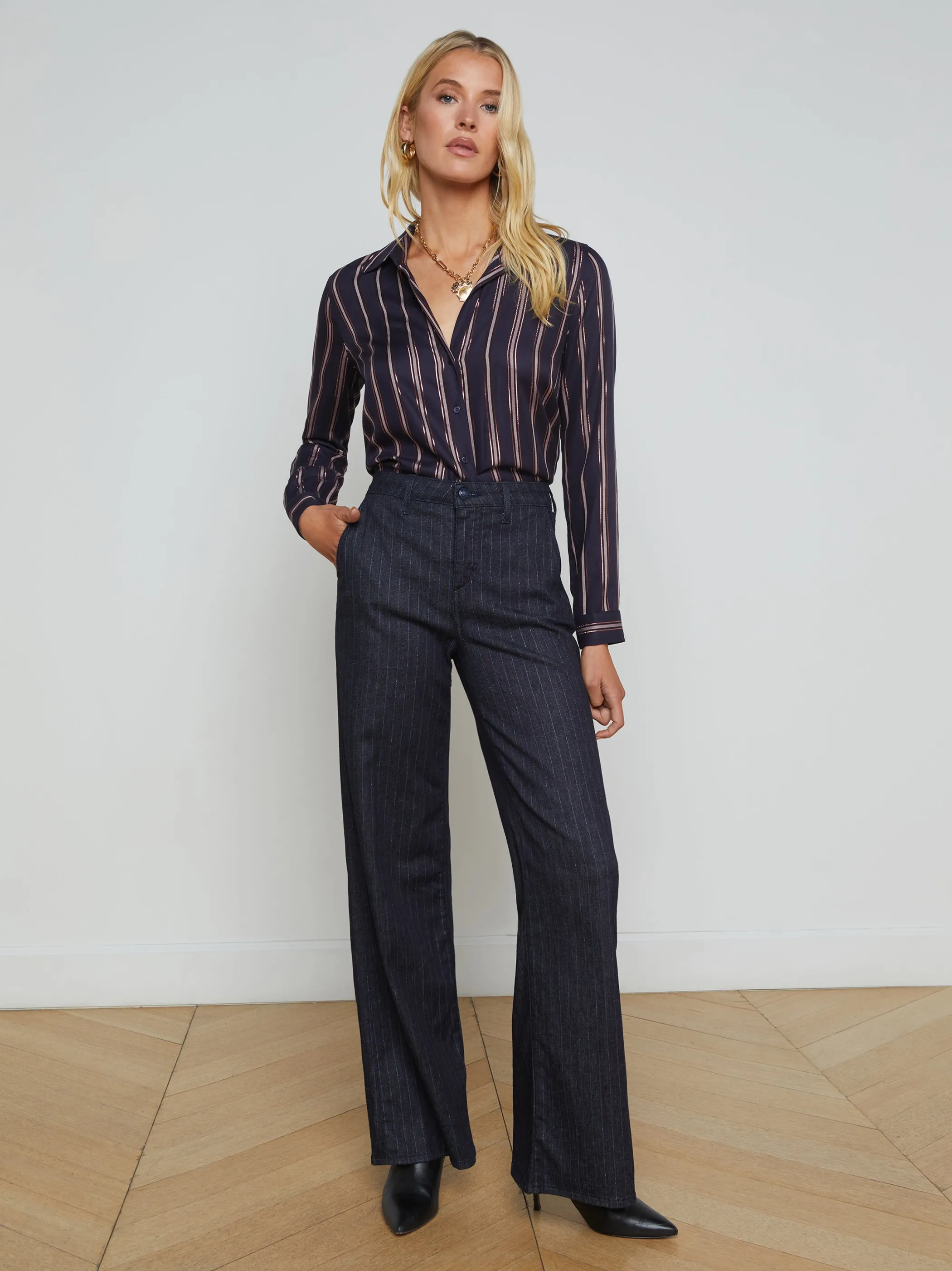 Matching Sets | Pants*L'AGENCE ANGELINE PINSTRIPED TROUSER Indigo/BlueGlitterStripe