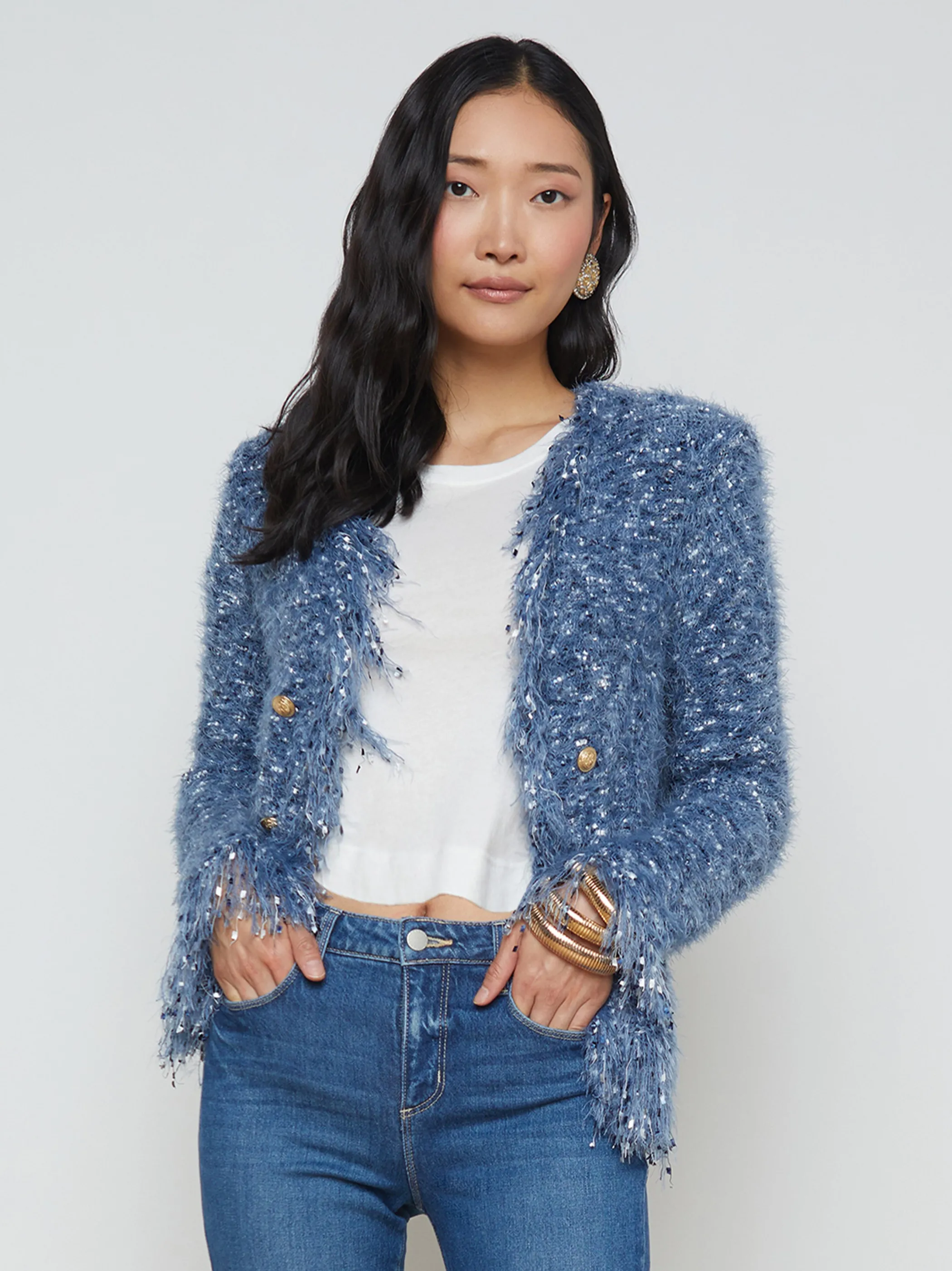 Knitwear | Blazers & Jackets*L'AGENCE AZURE FRINGE CARDIGAN BLAZER BlueMulti