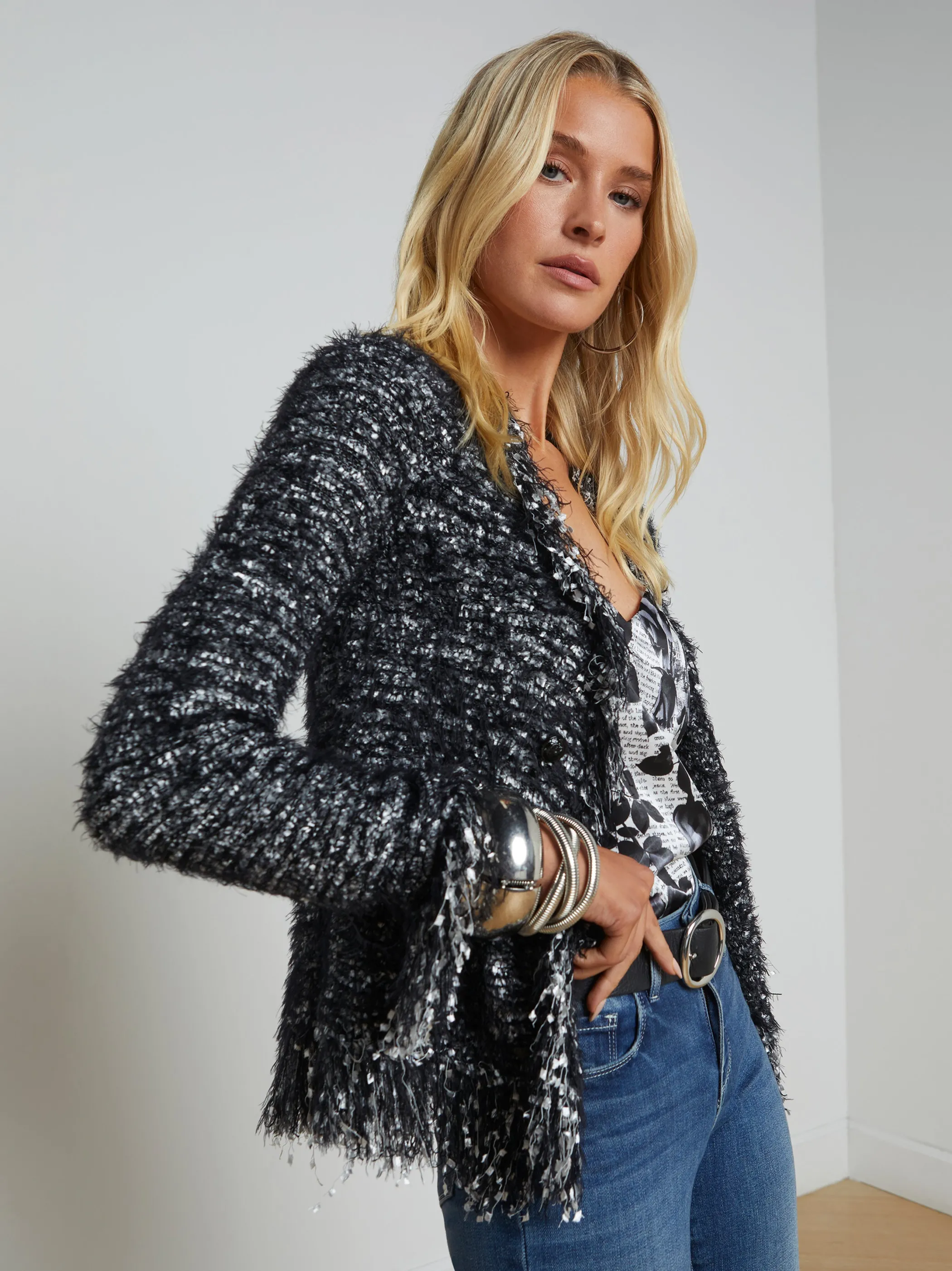 Knitwear | Blazers & Jackets*L'AGENCE AZURE FRINGE CARDIGAN BLAZER Black/SilverMulti