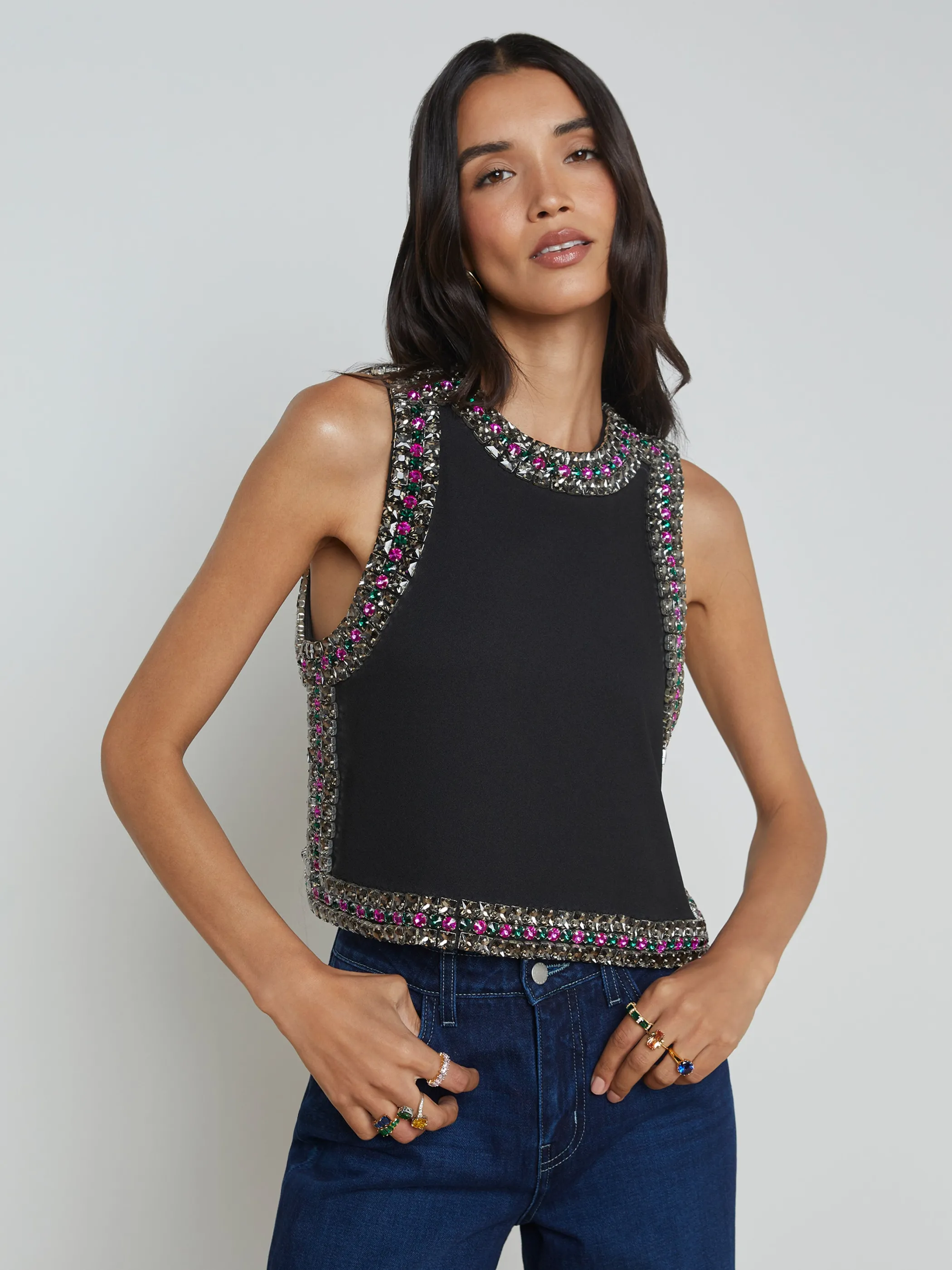 Camisoles & Tanks | Blouses & Tops*L'AGENCE BASTIA EMBELLISHED TANK Black/MultiJewel