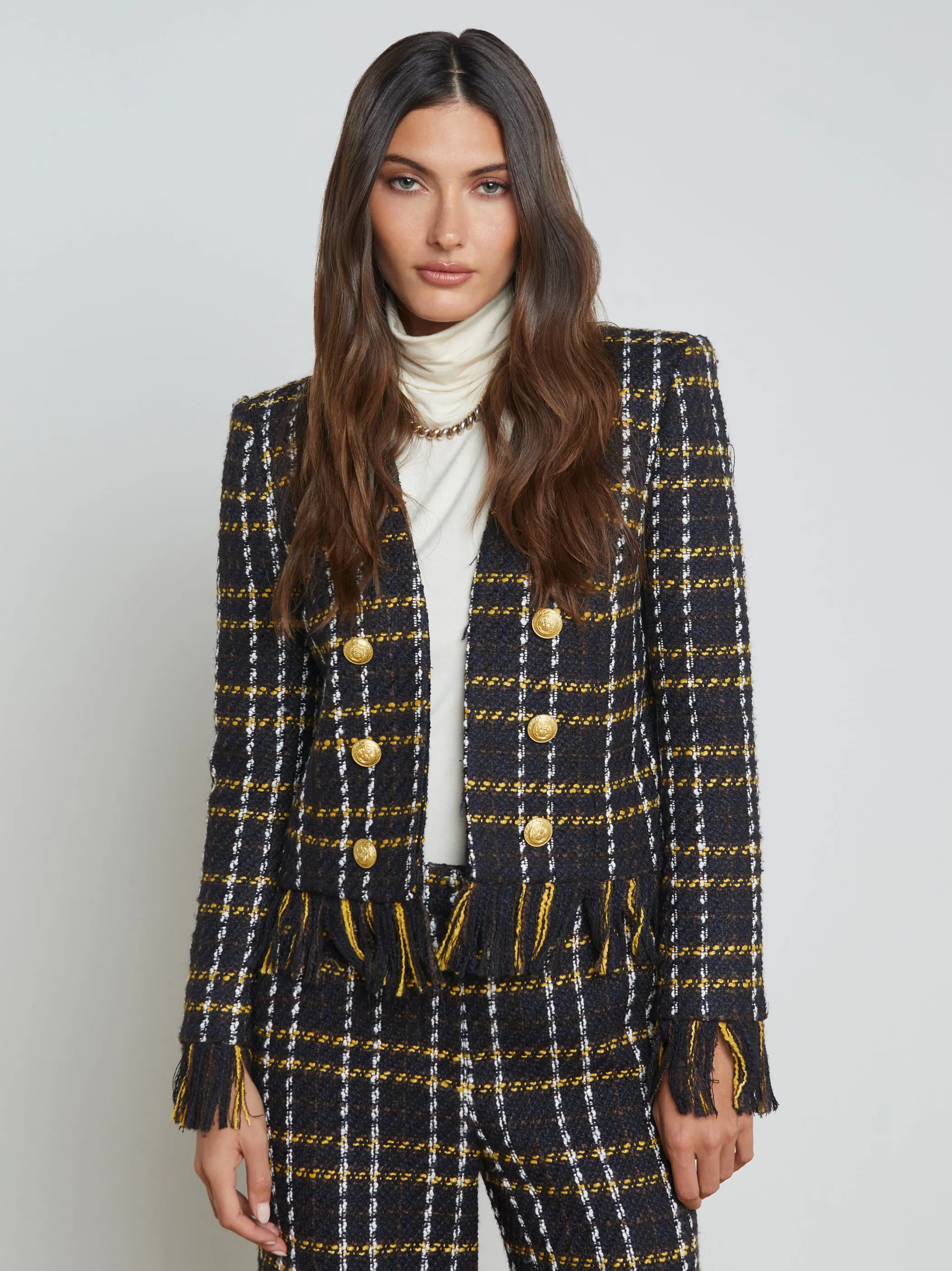 Matching Sets | Blazers & Jackets*L'AGENCE BELMONT FRINGE JACKET BlackYellowMultiPlaid