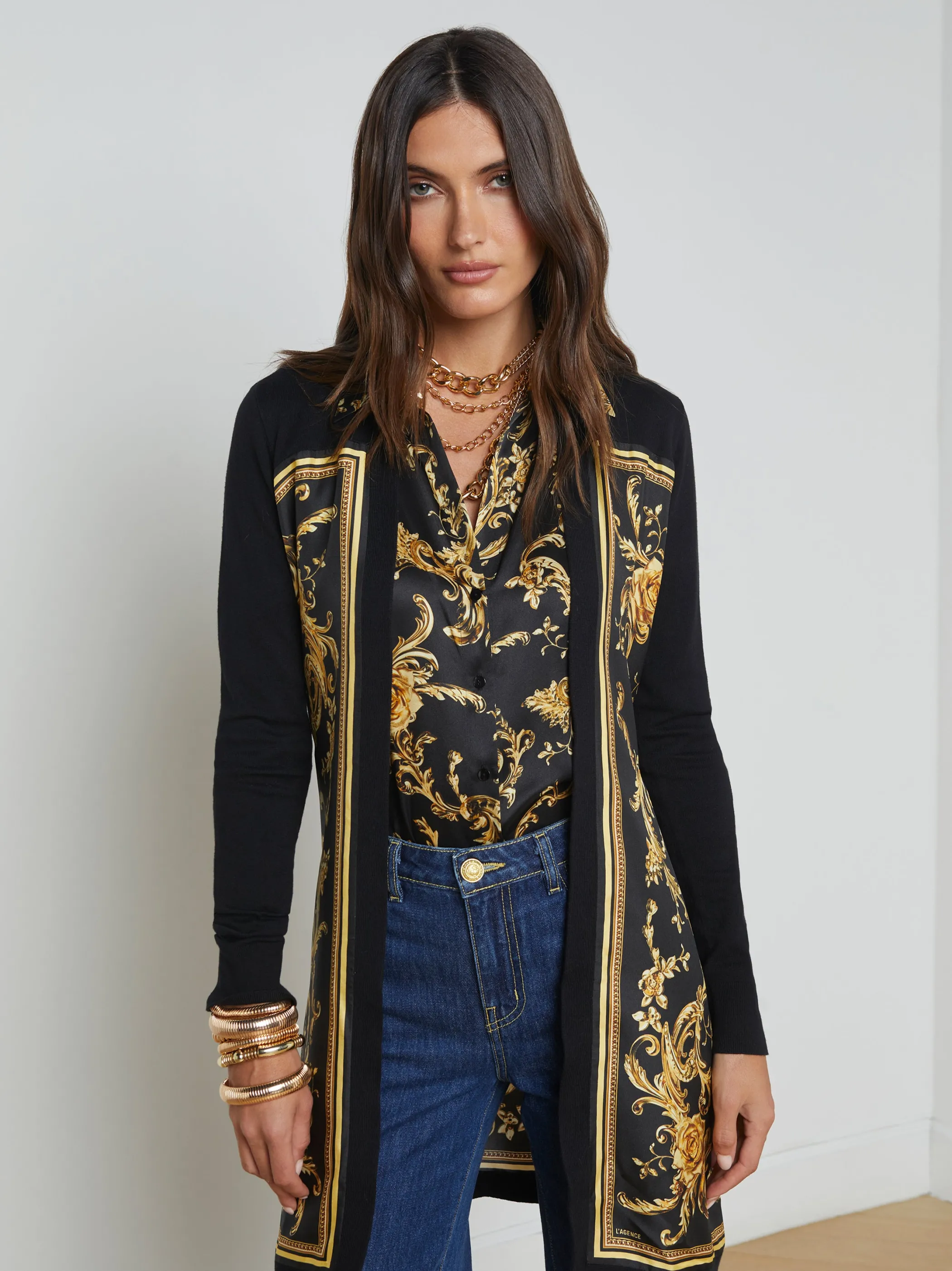 Blouses & Tops | Knitwear*L'AGENCE BEVERLY SILK PANEL CARDIGAN Black/GoldBaroccoSwirlScarf