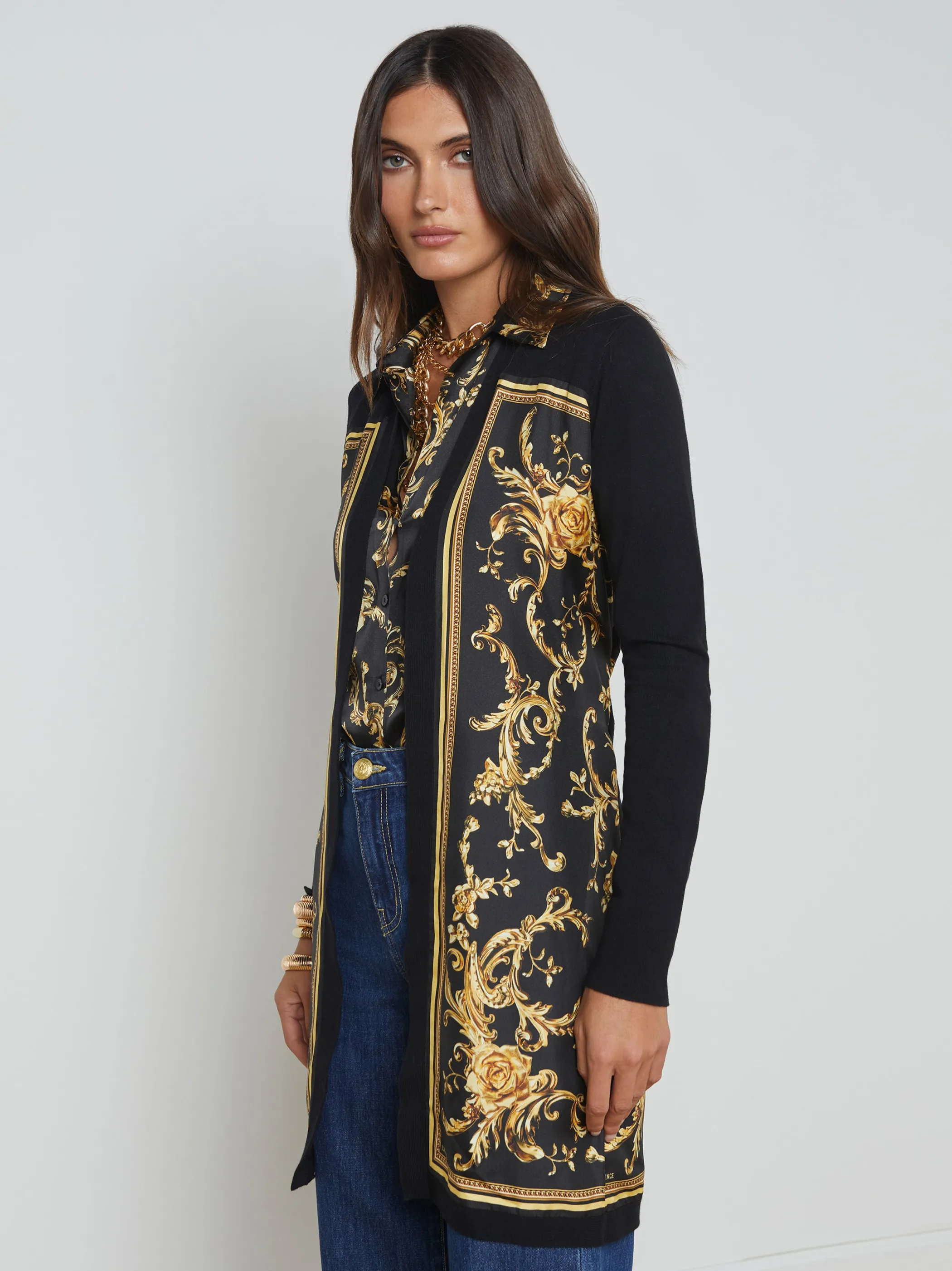 Blouses & Tops | Knitwear*L'AGENCE BEVERLY SILK PANEL CARDIGAN Black/GoldBaroccoSwirlScarf