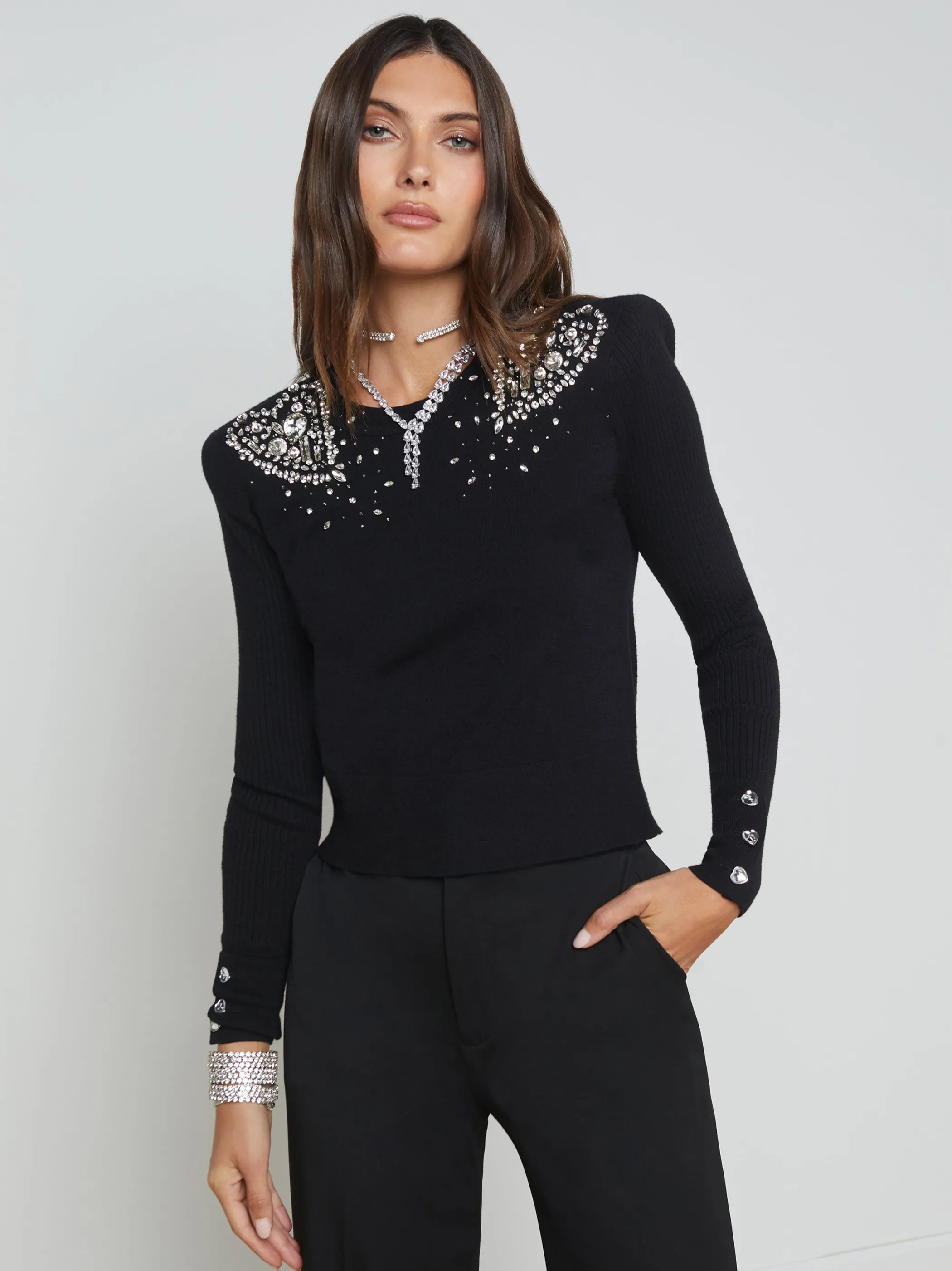 Blouses & Tops | Knitwear*L'AGENCE CESCA EMBELLISHED PULLOVER Black/Crystal