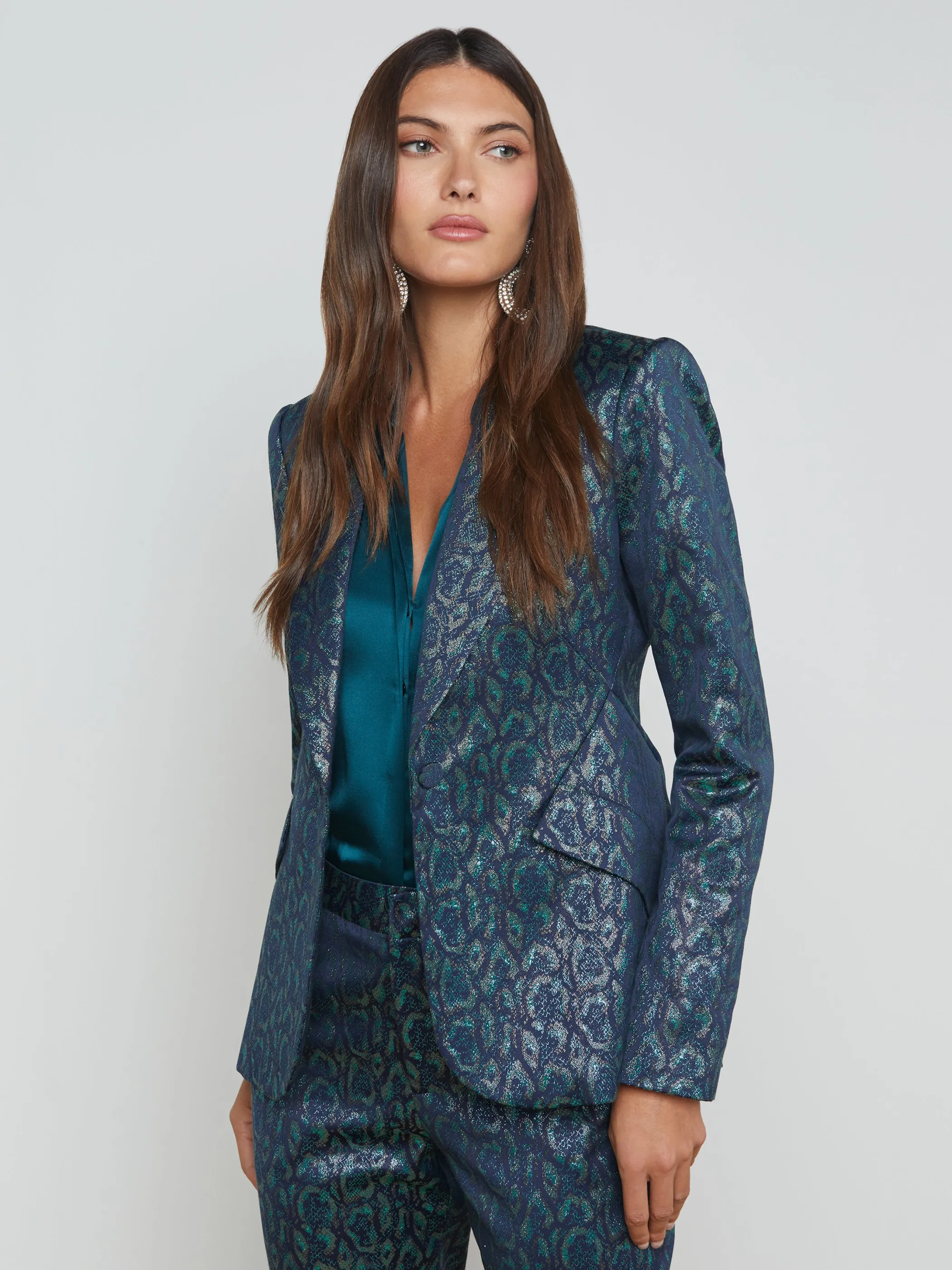 Matching Sets | Blazers & Jackets*L'AGENCE CHAMBERLAIN JACQUARD BLAZER TealMultiLeopardJacquard