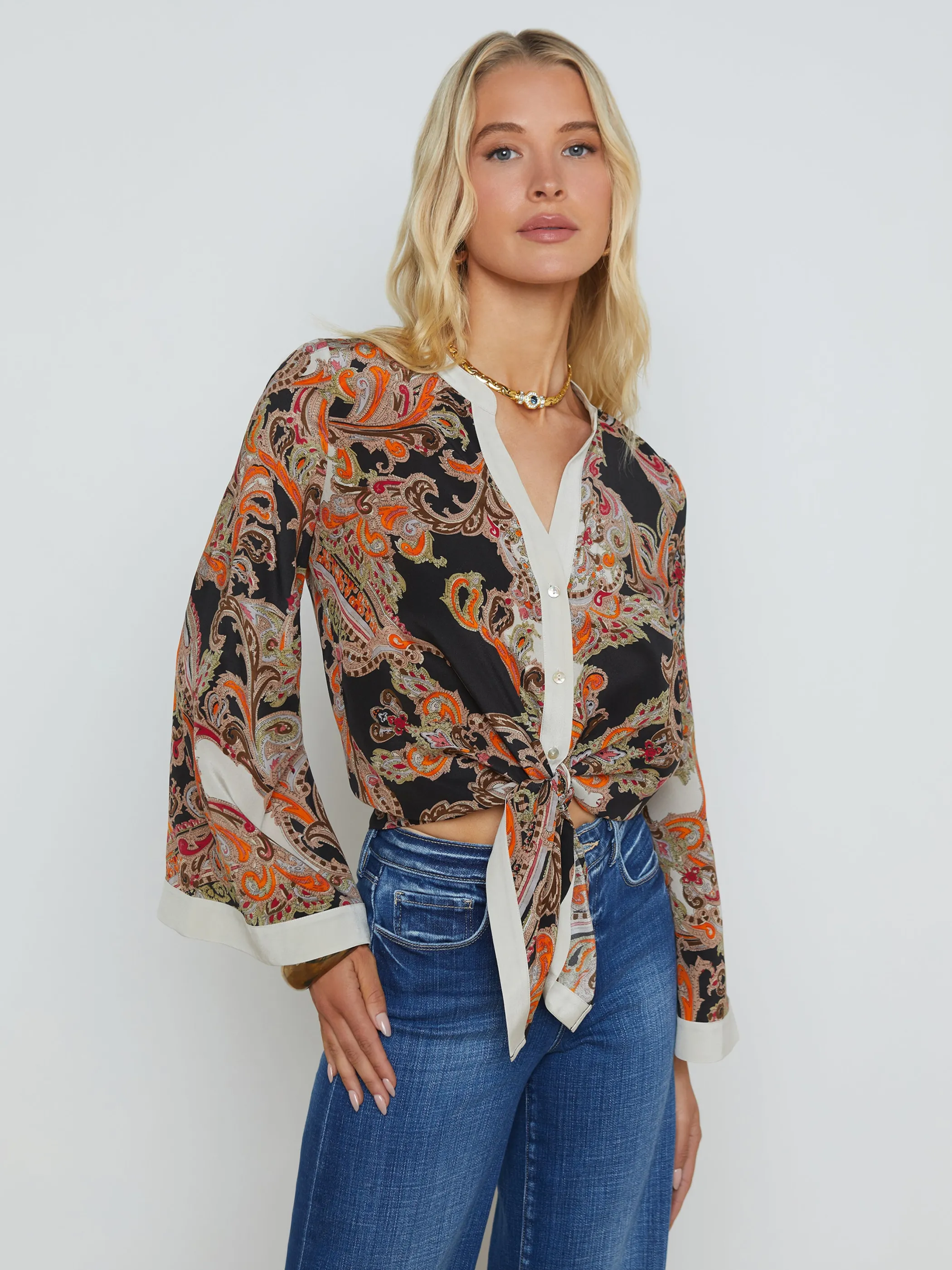 Blouses & Tops*L'AGENCE CHARLIZE SILK BLOUSE TonalTanPaisleyMedallion