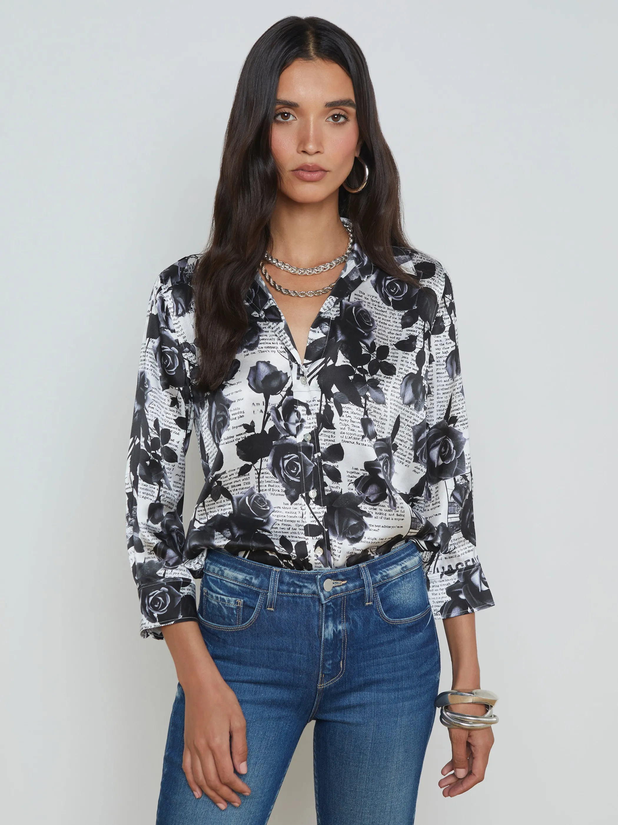 Blouses & Tops*L'AGENCE DANI SILK BLOUSE White/BlackRoseNewspaper