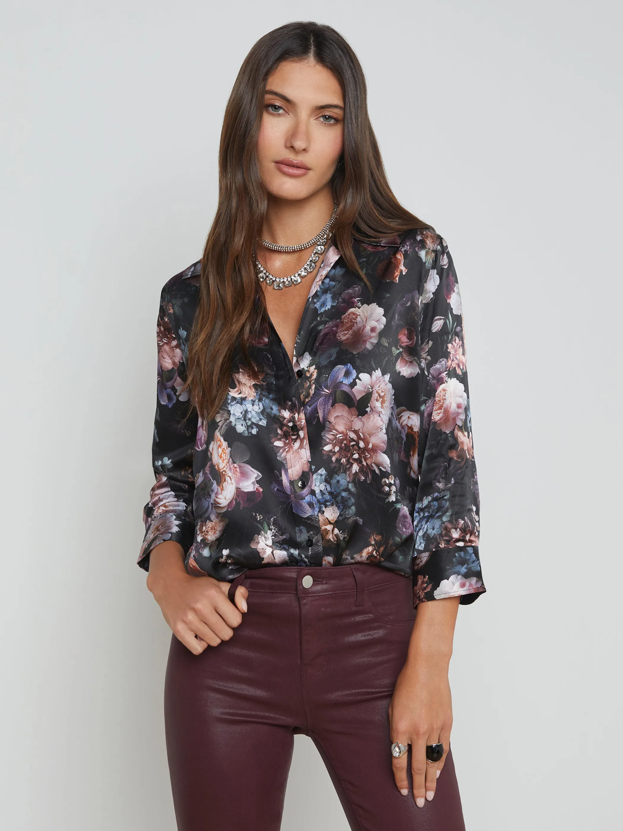 Blouses & Tops*L'AGENCE DANI SILK BLOUSE BlackMultiVintageOilFlower