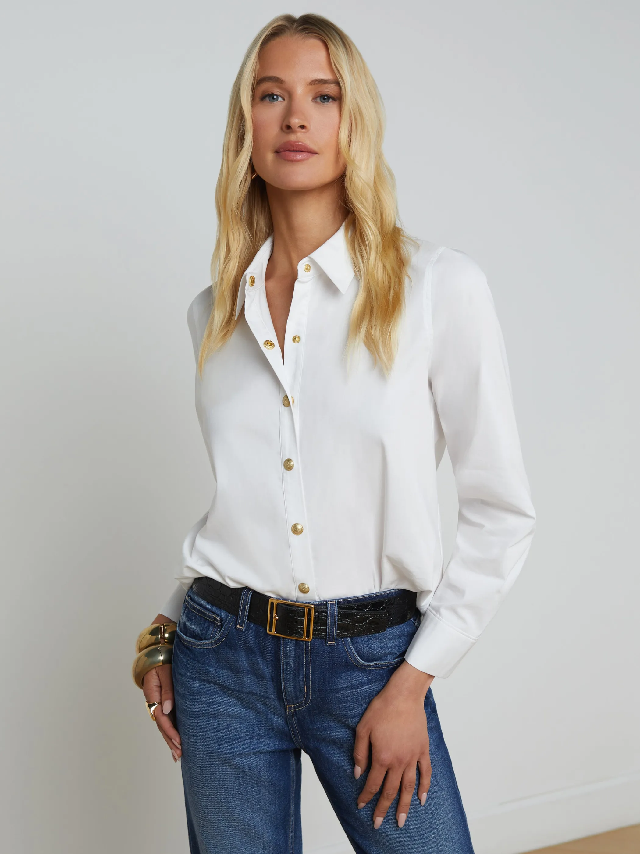 Blouses & Tops*L'AGENCE ELLERY BUTTON-DOWN SHIRT White/Gold