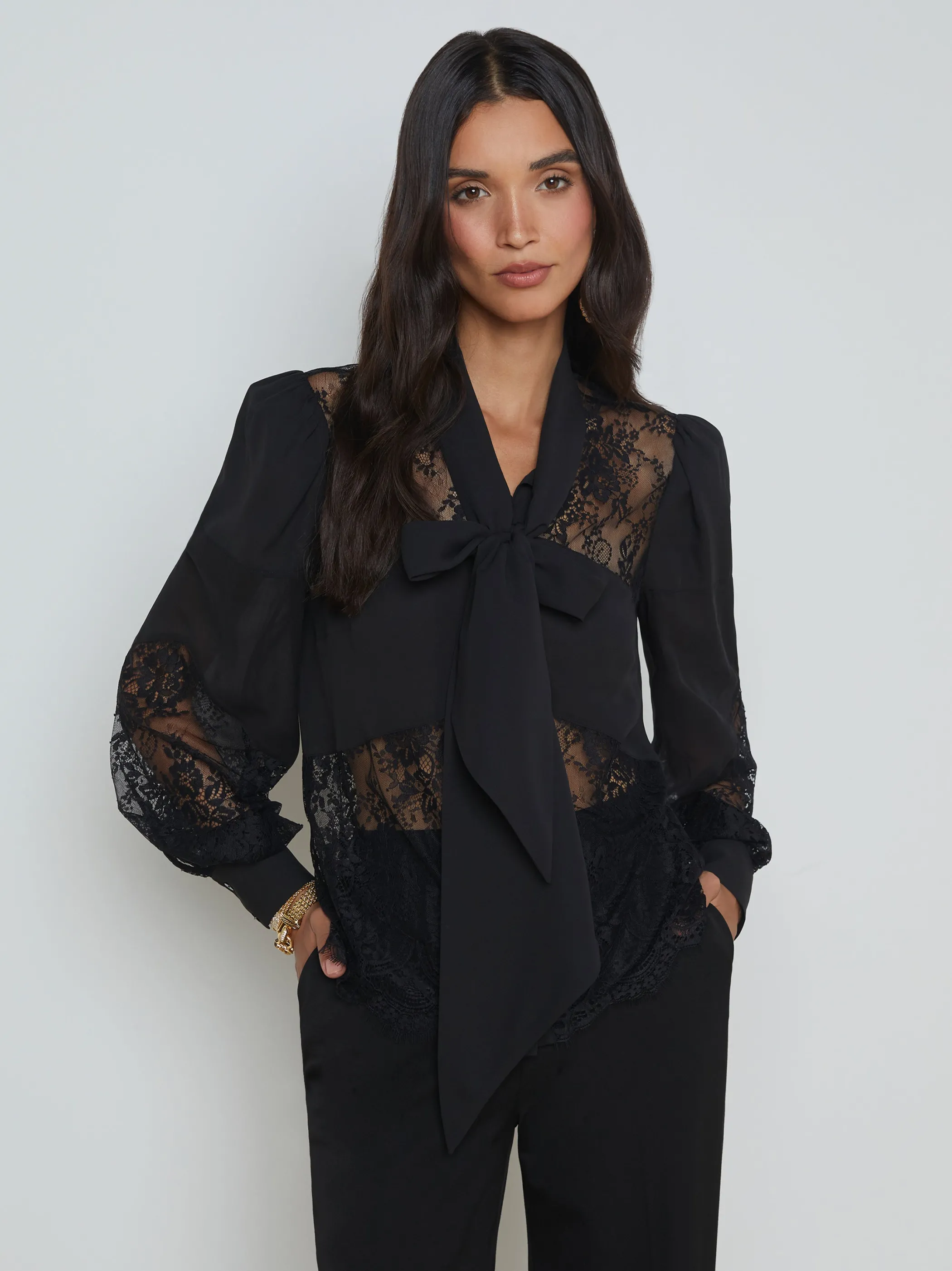 Blouses & Tops*L'AGENCE EMMELINA LACE TIE-NECK BLOUSE Black