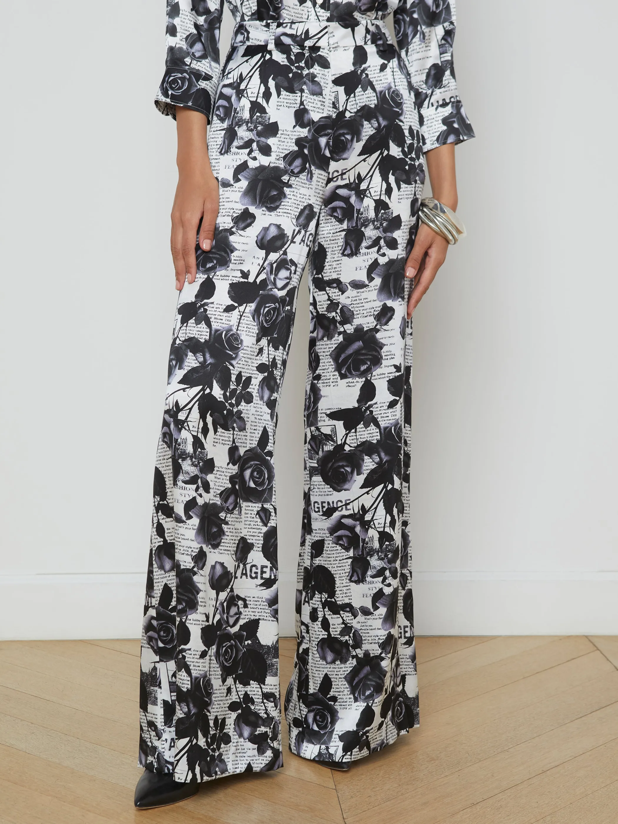 Matching Sets | Pants*L'AGENCE GAVIN SILK WIDE-LEG PANT White/BlackRoseNewspaper