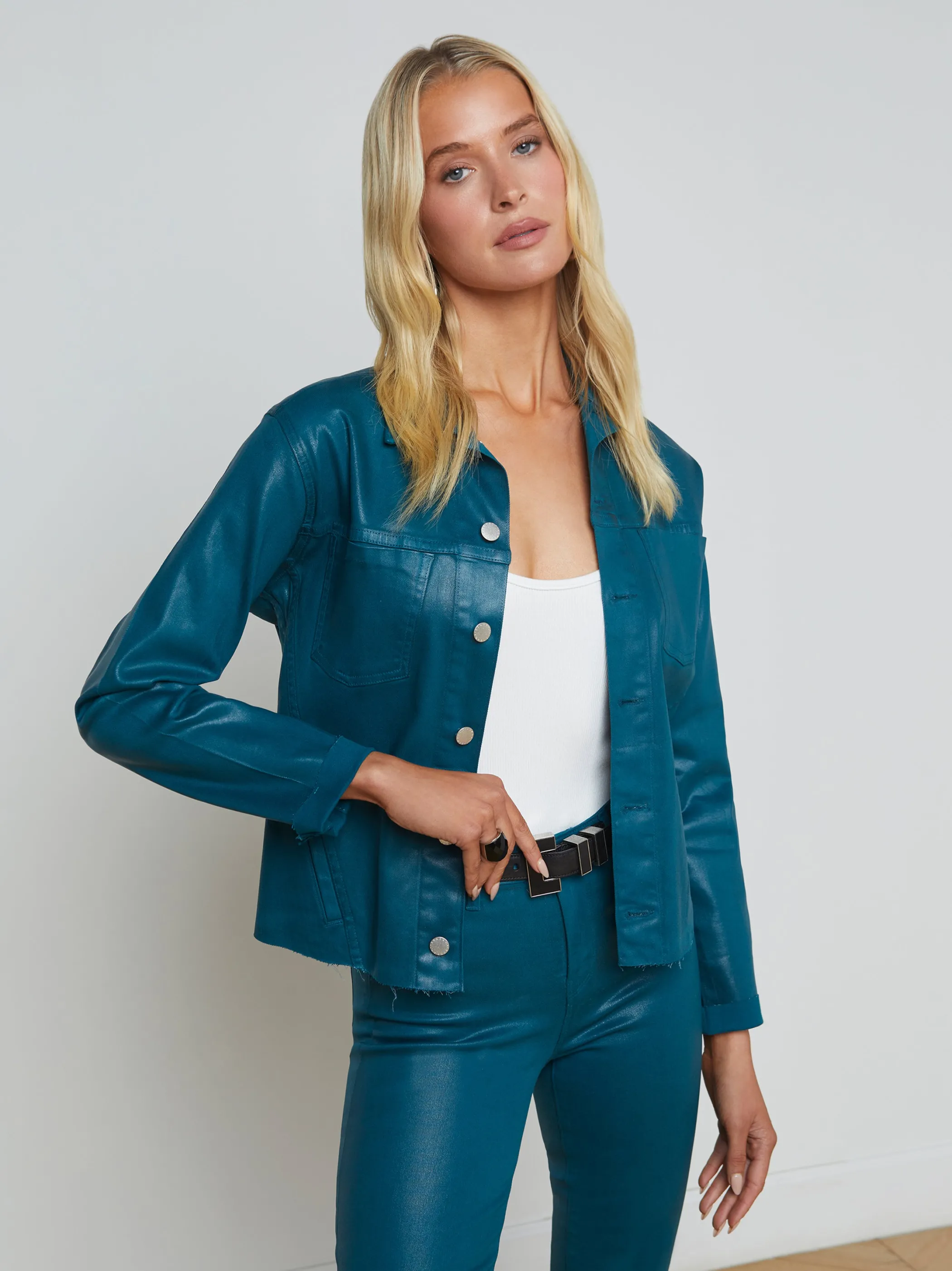 New Denim | Coated Denim*L'AGENCE JANELLE COATED DENIM JACKET DeepTealCoated