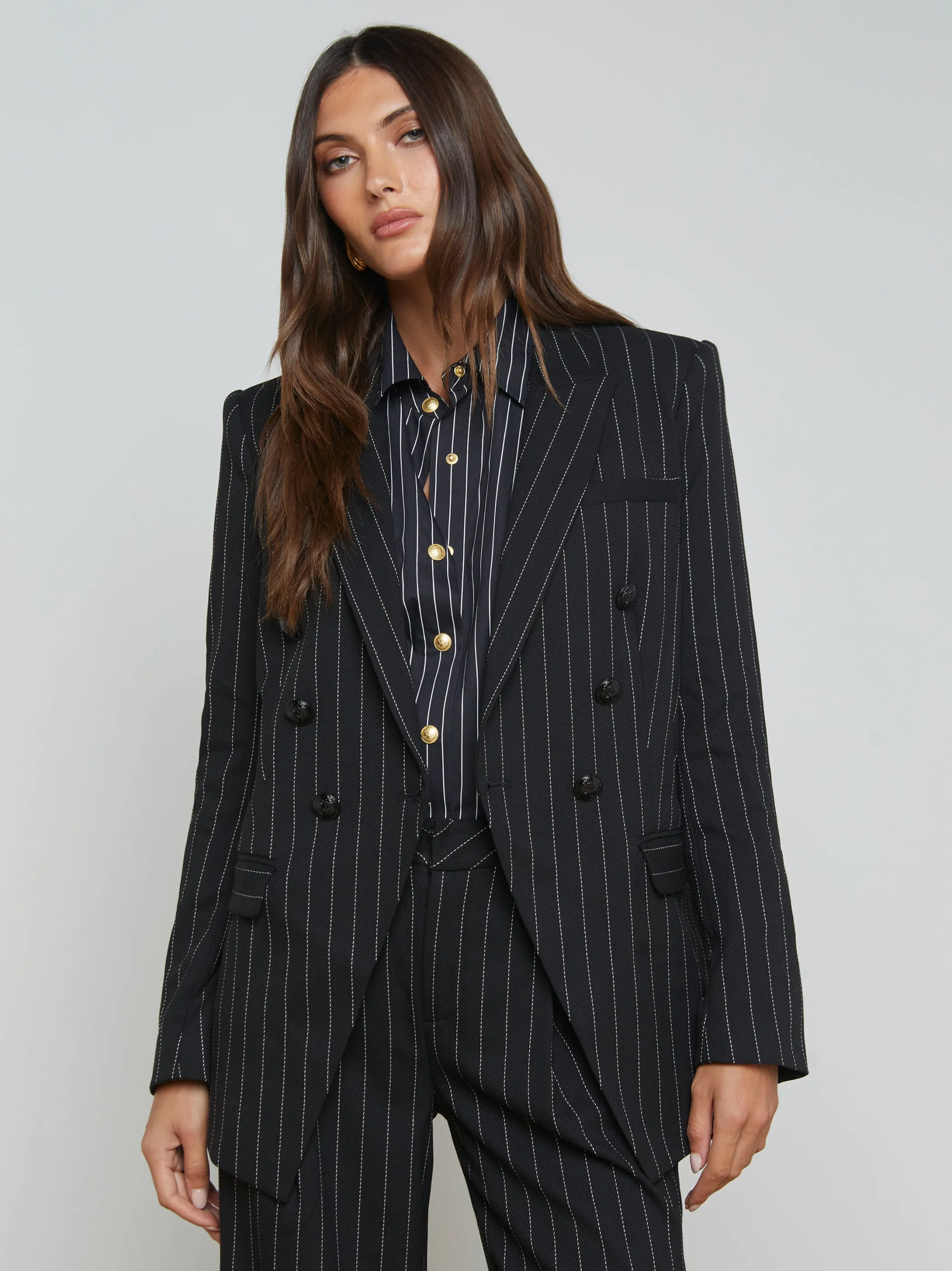 Matching Sets | Blazers & Jackets*L'AGENCE KENDI PINSTRIPED LONG BLAZER Black/Ecru