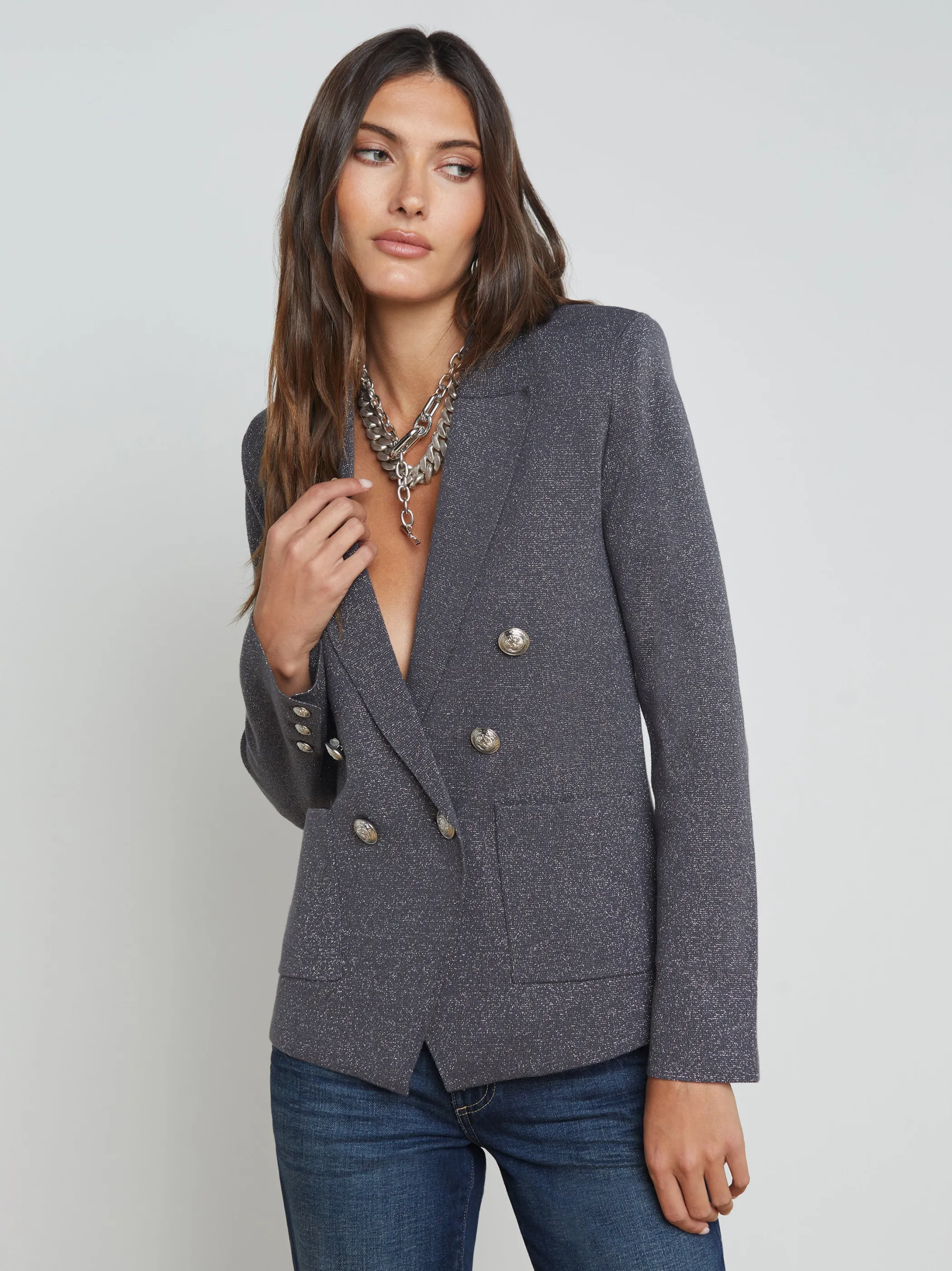 Knitwear | Blazers & Jackets*L'AGENCE KENZIE METALLIC KNIT BLAZER DarkShadow/Silver