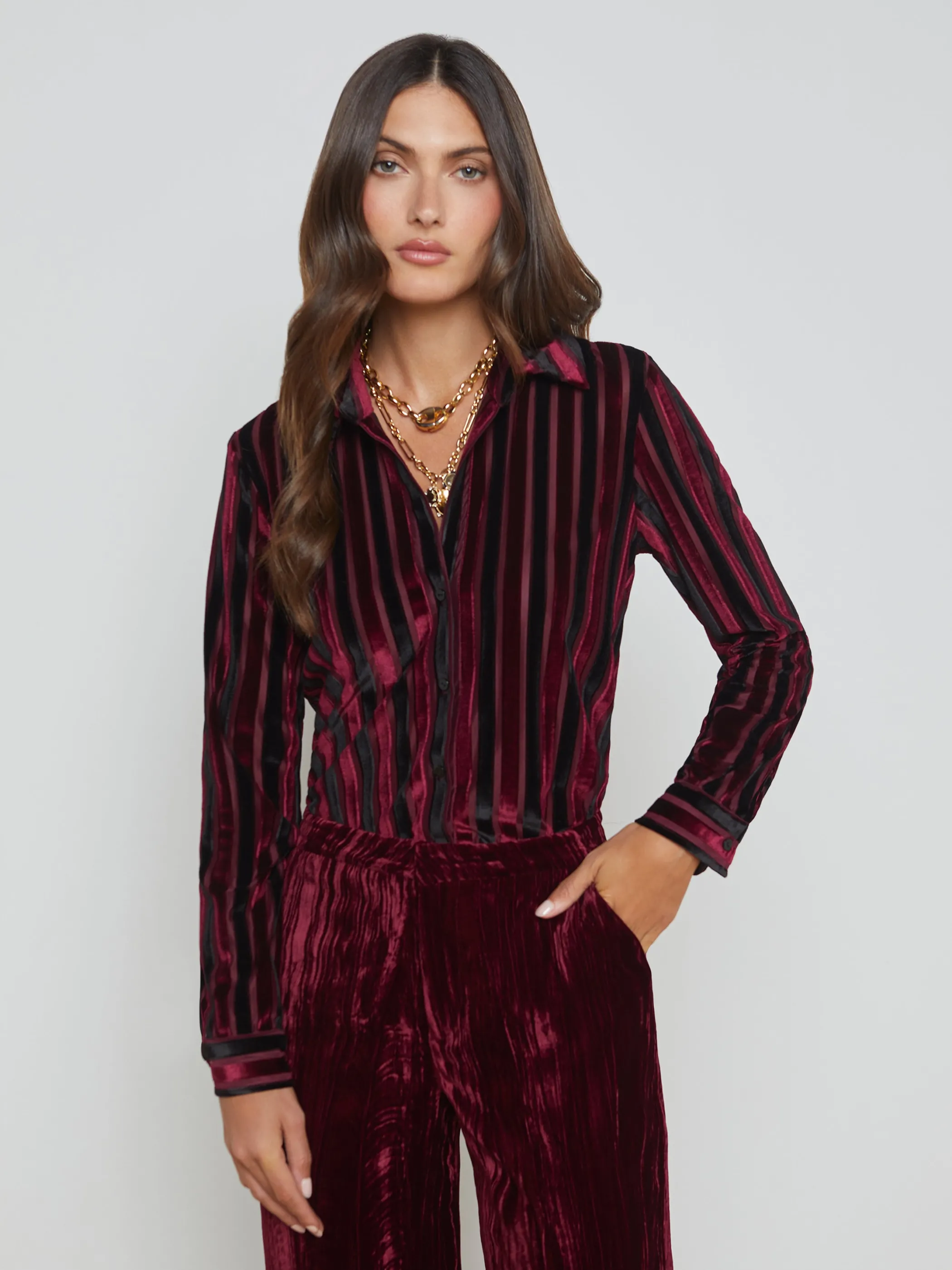 Matching Sets | Blouses & Tops*L'AGENCE LAURENT STRIPED VELVET BLOUSE DeepBurgundy/BlackStripe