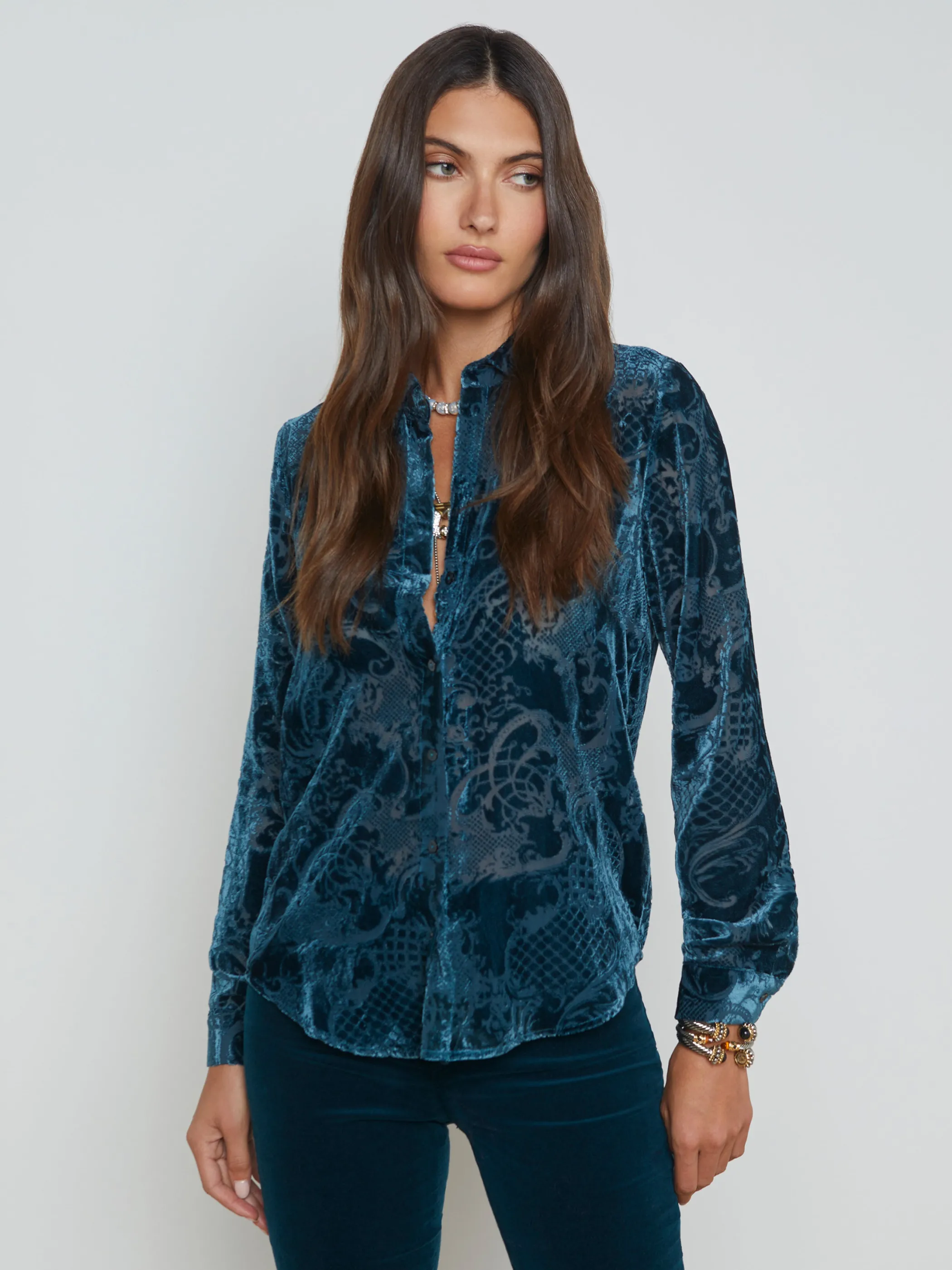 Blouses & Tops*L'AGENCE LAURENT VELVET BLOUSE DeepTealRococo