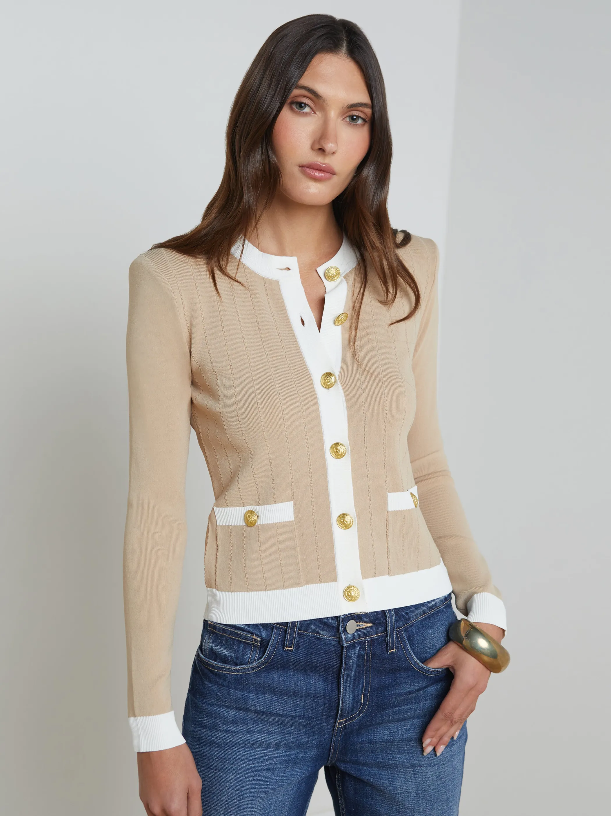 Knitwear*L'AGENCE LEON CARDIGAN Biscuit/White