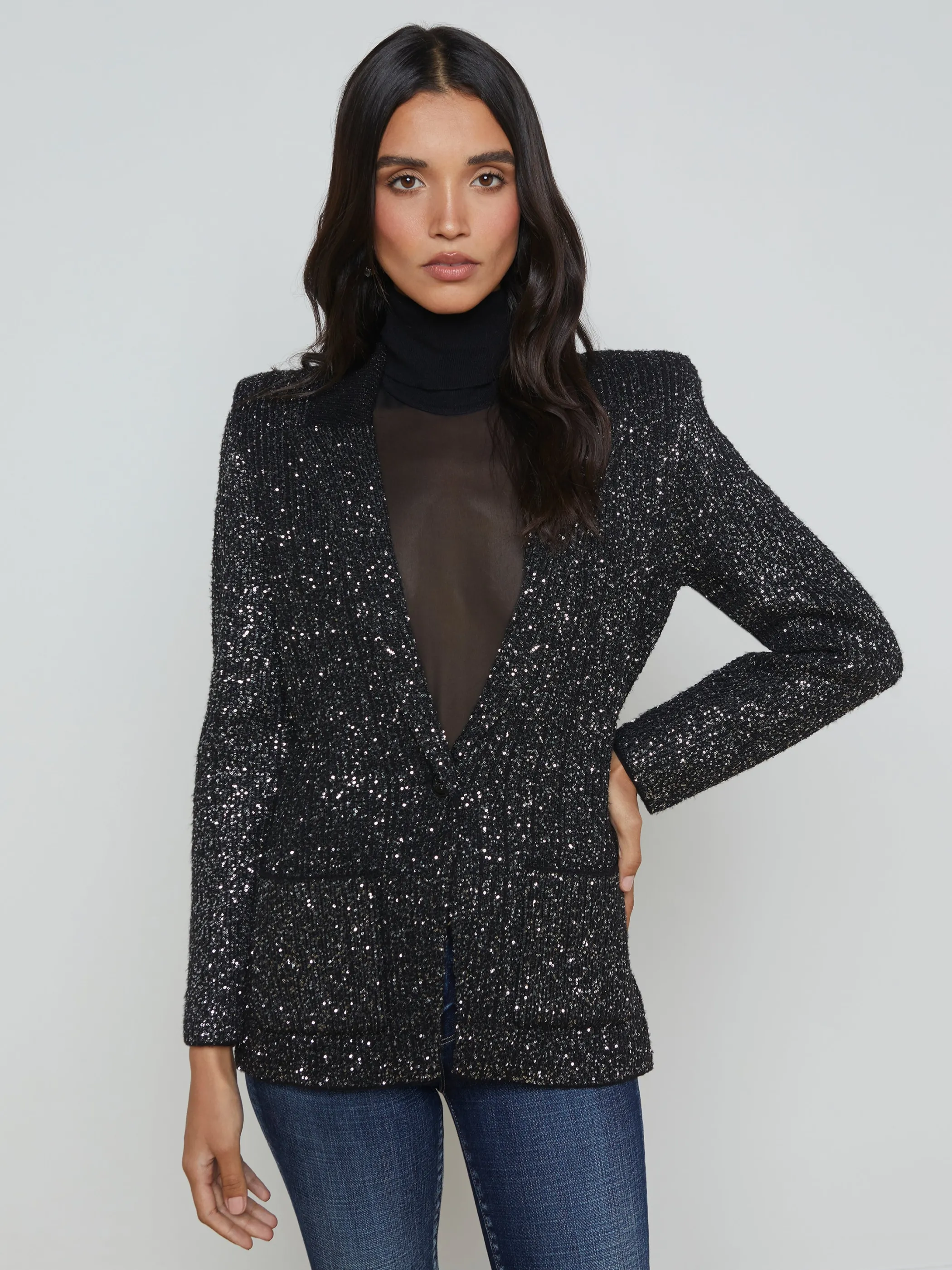 Blazers & Jackets*L'AGENCE LEONORA SEQUIN KNIT BLAZER Black/SilverSequin