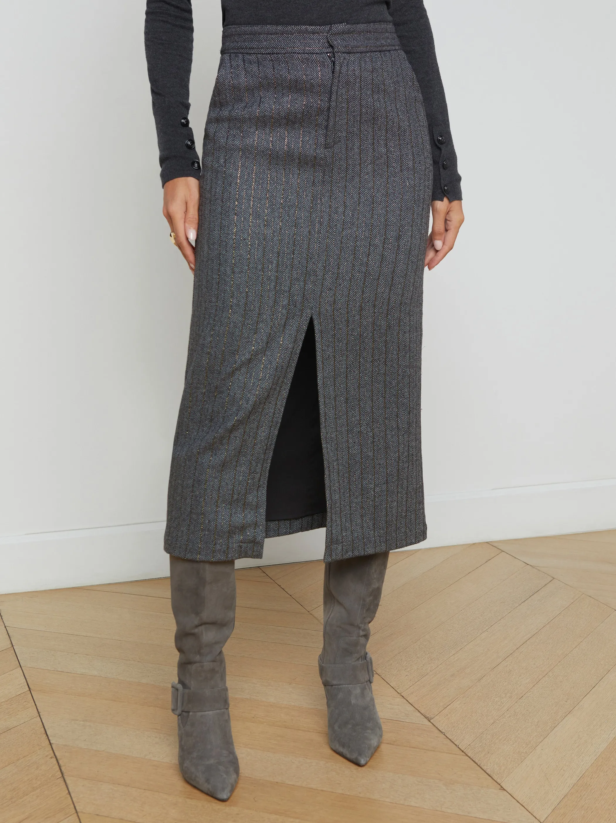 Matching Sets*L'AGENCE MADONNA PINSTRIPED MIDI SKIRT GreyHerringbone