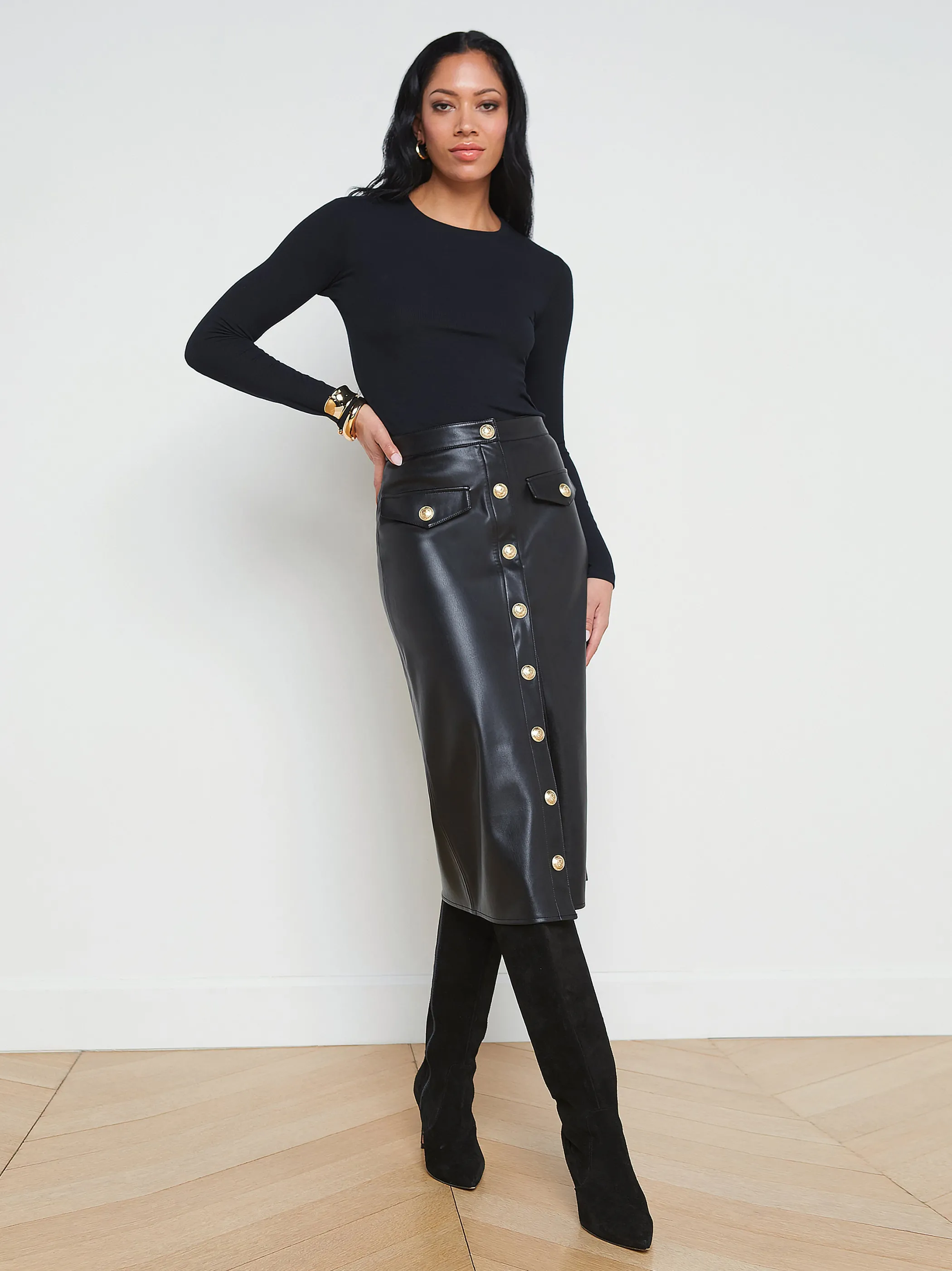 Skirts*L'AGENCE MILANN VEGAN LEATHER SKIRT Black