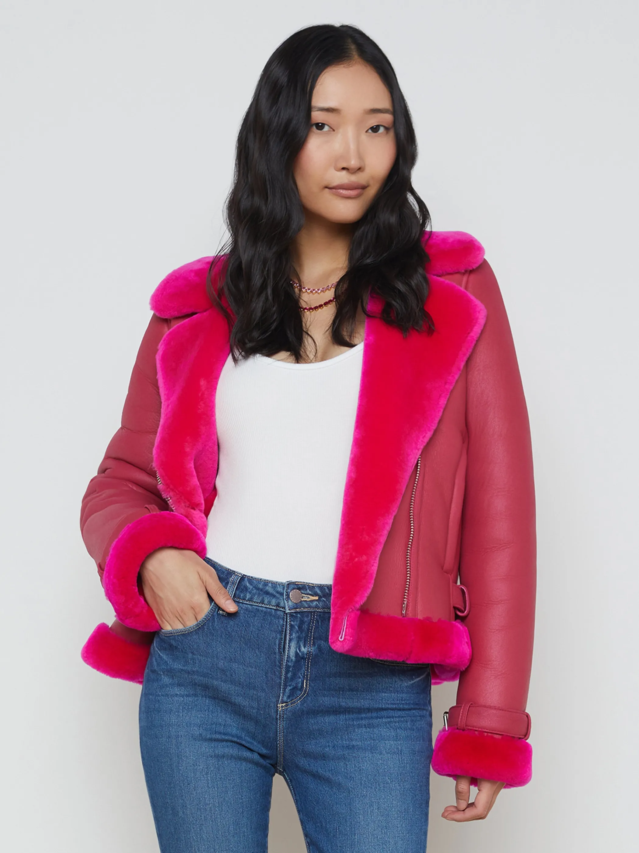 Outerwear | Blazers & Jackets*L'AGENCE NIRI SHEARLING LEATHER JACKET PinkGlo