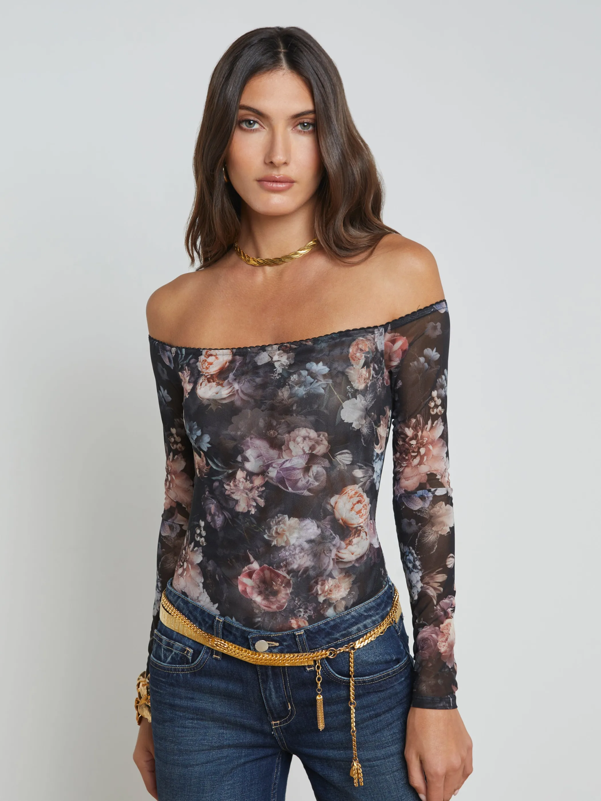 Blouses & Tops*L'AGENCE PEONIE OFF-THE-SHOULDER BODYSUIT BlackMultiVintageOilFlower