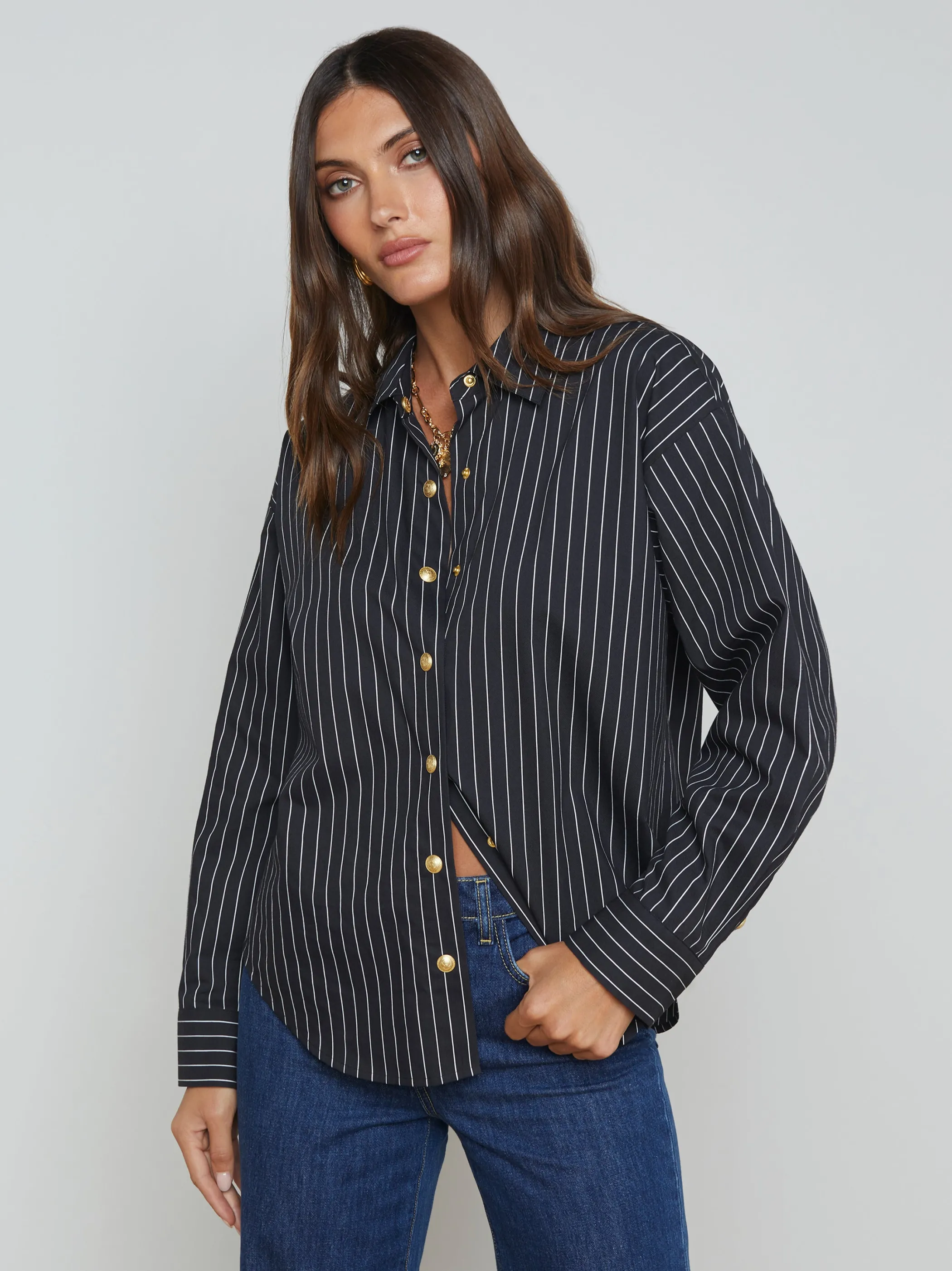 Blouses & Tops*L'AGENCE RIPLEY OVERSIZED BUTTON-DOWN SHIRT Black/WhitePinstripe