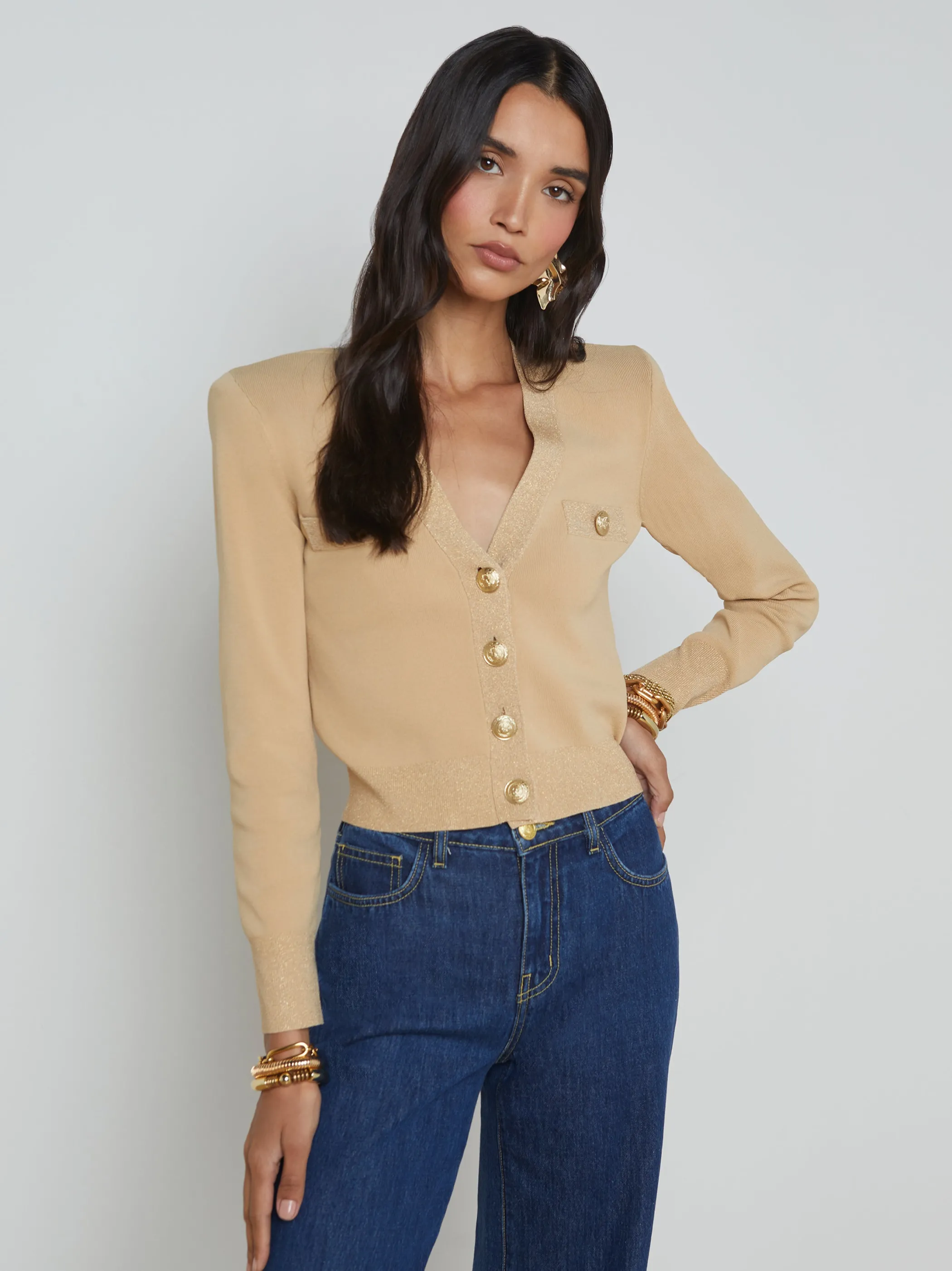 Blouses & Tops | Knitwear*L'AGENCE TAYA V-NECK CARDIGAN Latte/Gold