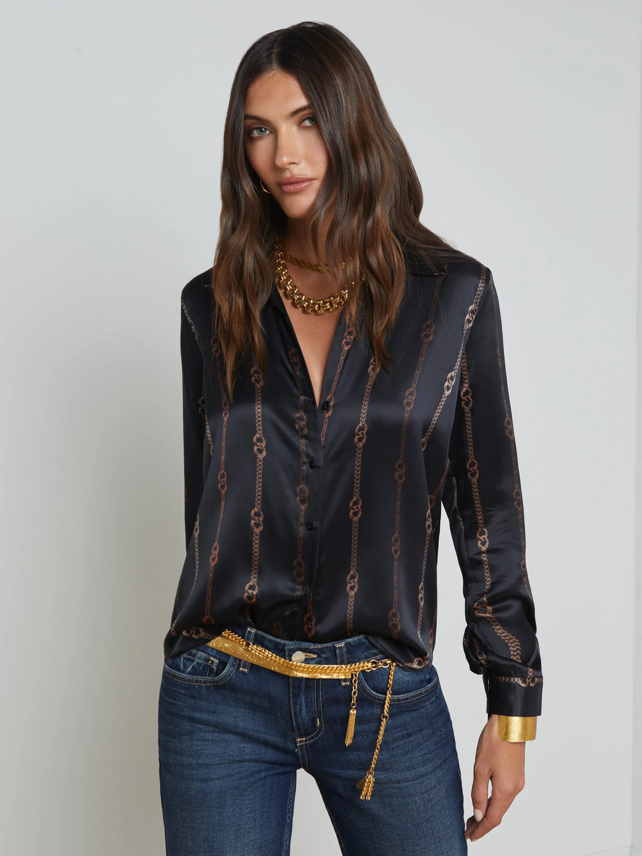 Blouses & Tops*L'AGENCE TYLER SILK BLOUSE Black/BrownColorfulChain