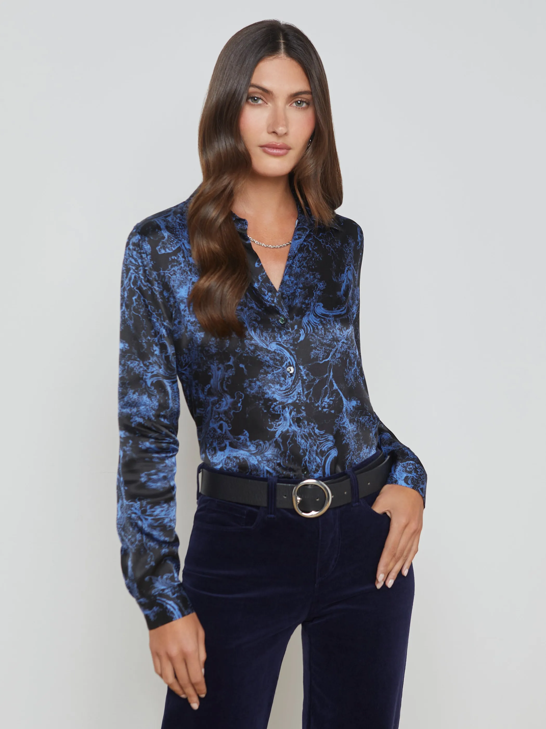 Blouses & Tops*L'AGENCE TYLER SILK BLOUSE Black/PeriwinkleRococoToile