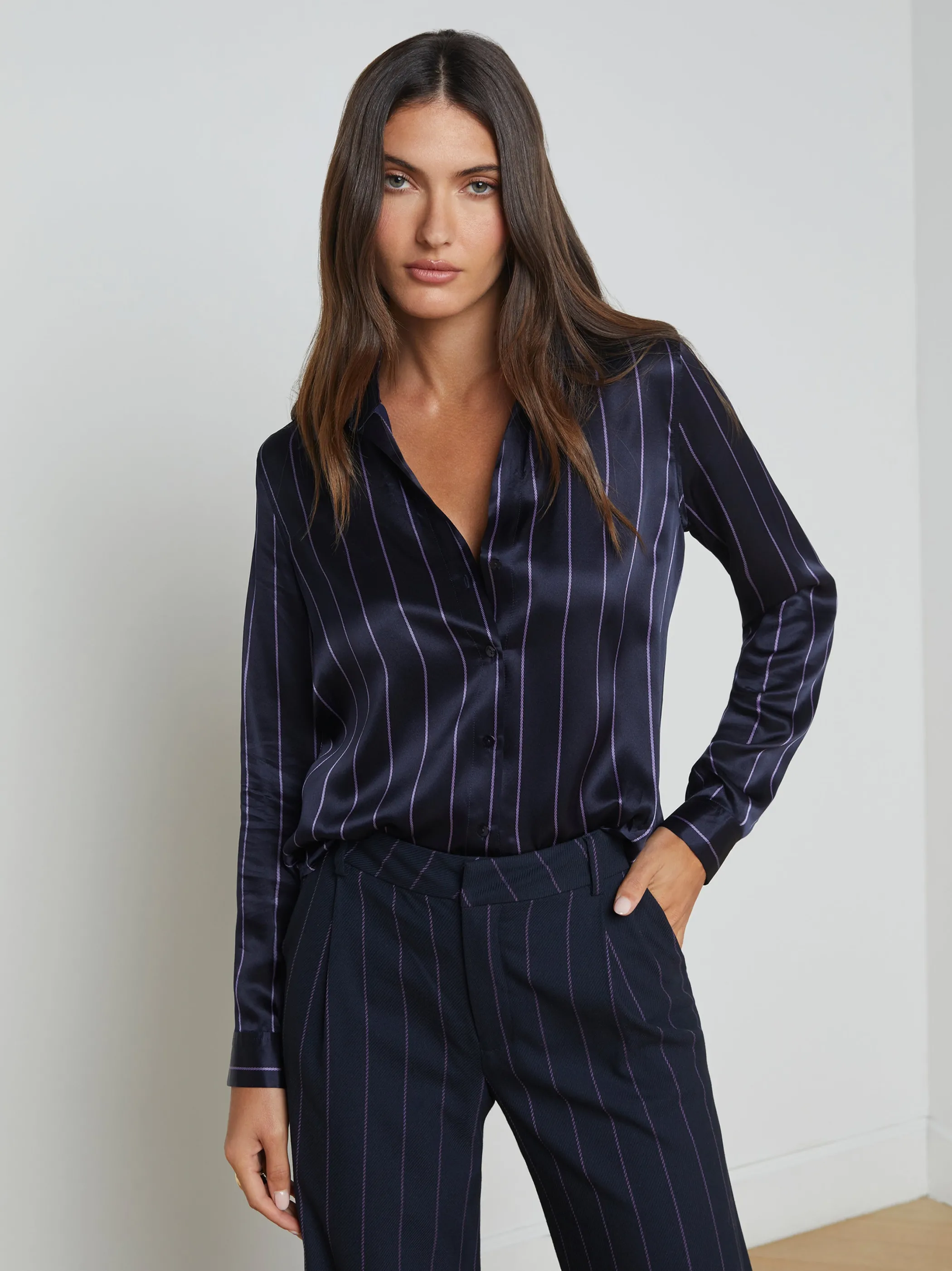 Matching Sets | Blouses & Tops*L'AGENCE TYLER SILK BLOUSE Midnight/LightPurplePinstripe