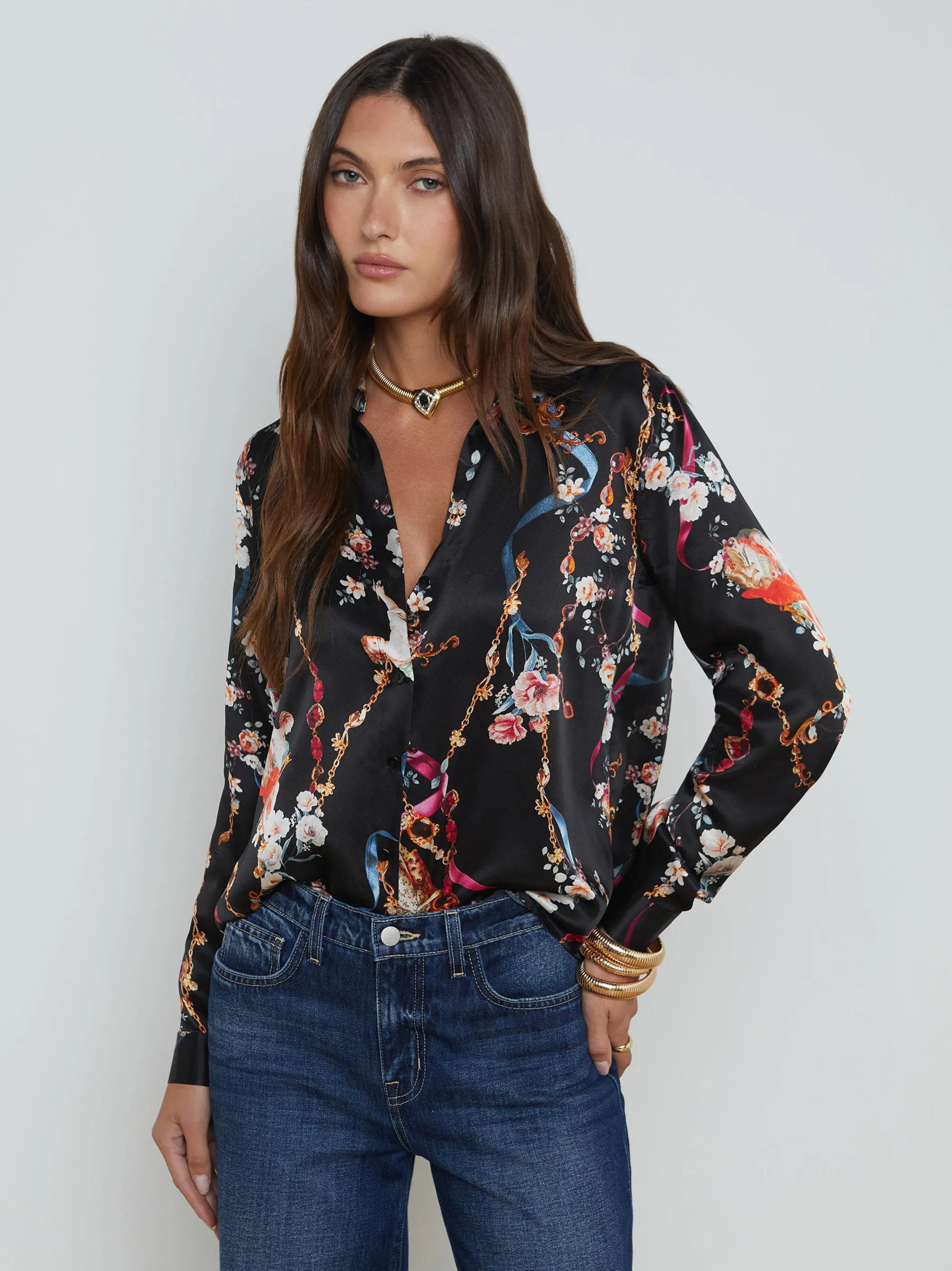 Matching Sets | Blouses & Tops*L'AGENCE TYLER SILK BLOUSE BlackMultiRococoAngel