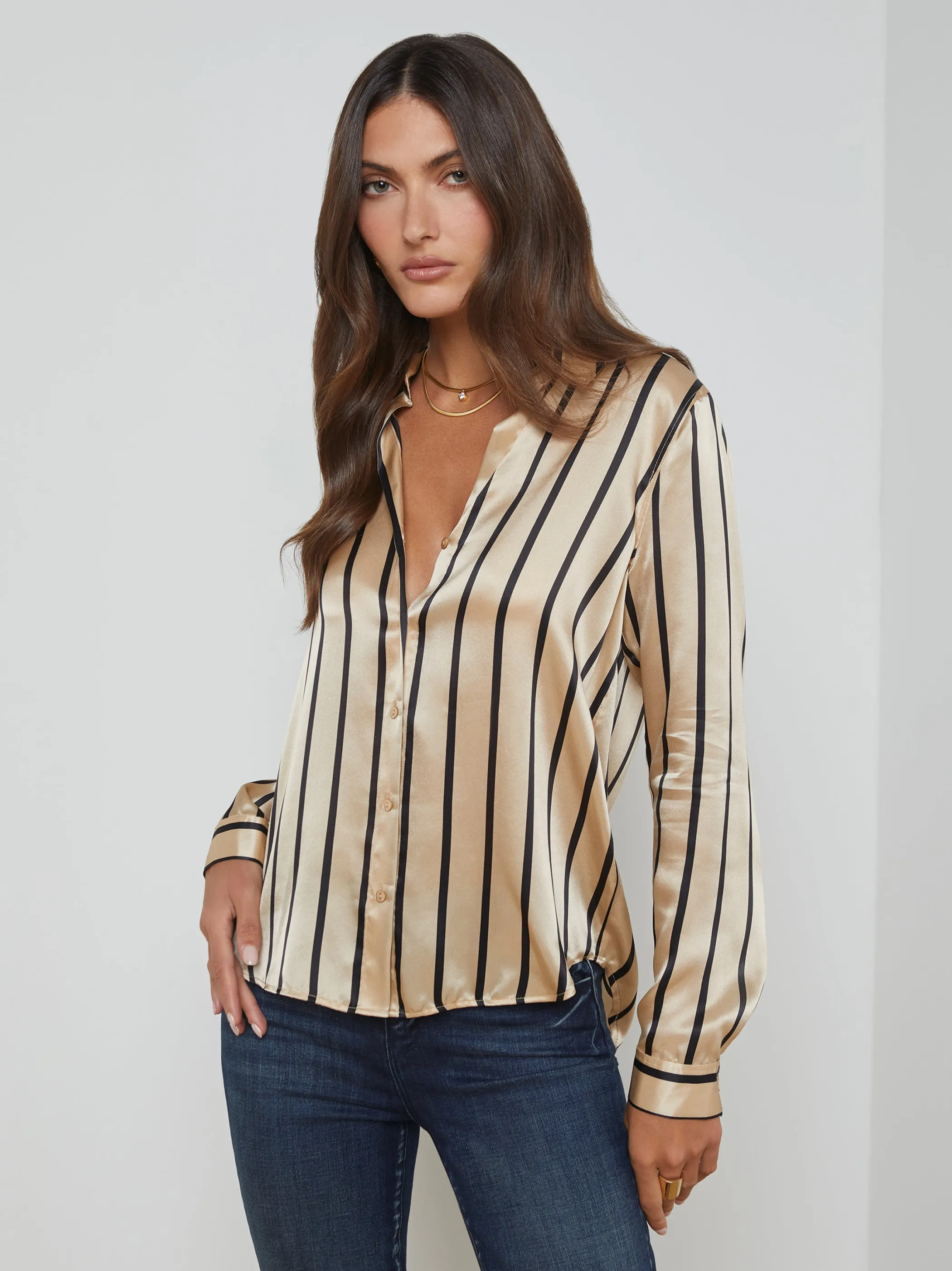 Blouses & Tops*L'AGENCE TYLER SILK BLOUSE Almond/BlackStripe