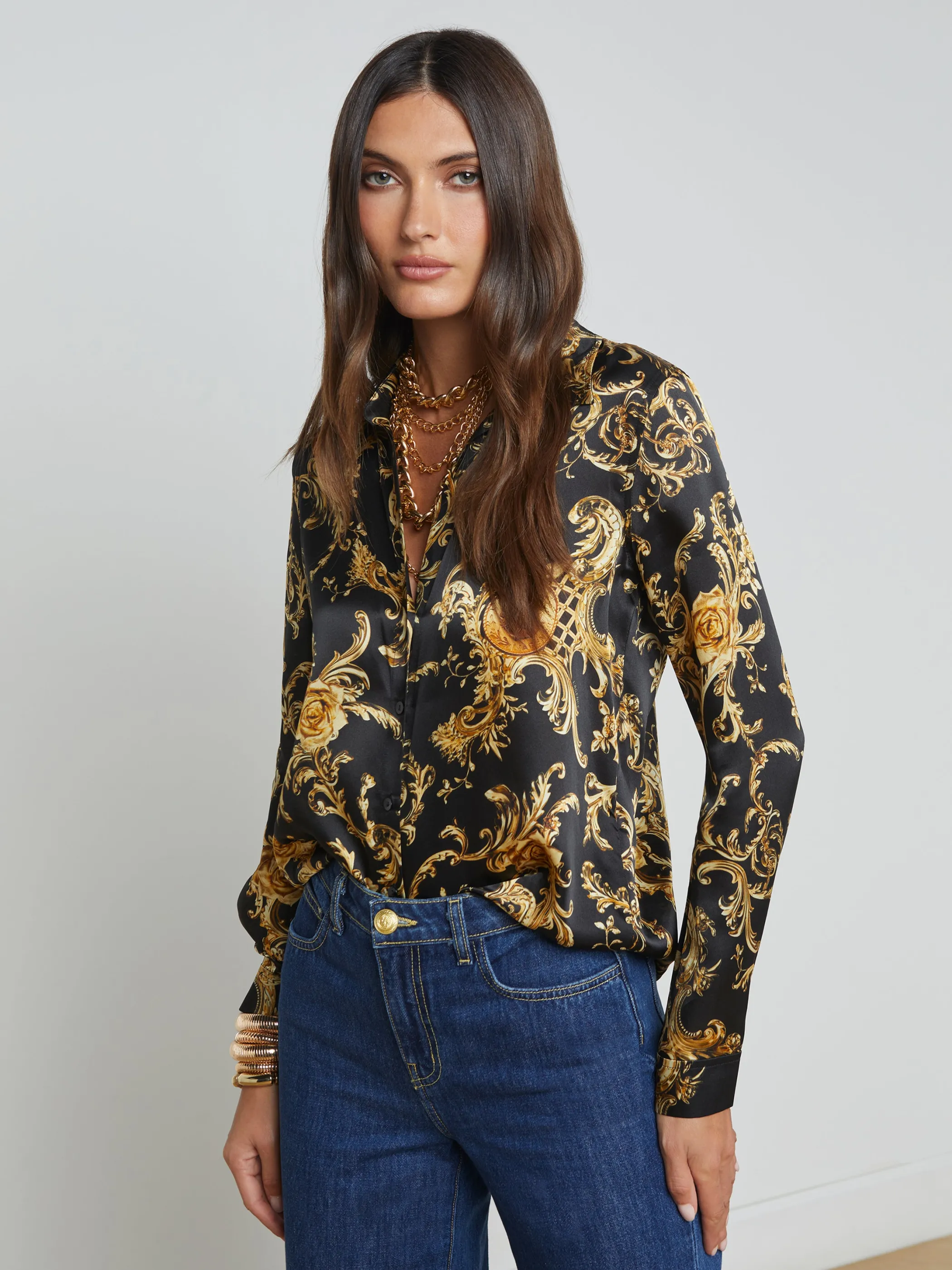 Blouses & Tops*L'AGENCE TYLER SILK BLOUSE Black/GoldBaroccoSwirl