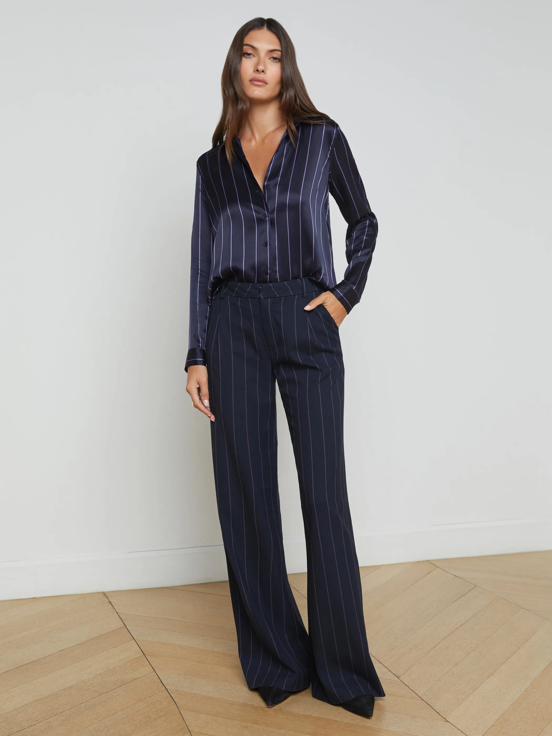 Matching Sets | Blouses & Tops*L'AGENCE TYLER SILK BLOUSE Midnight/LightPurplePinstripe