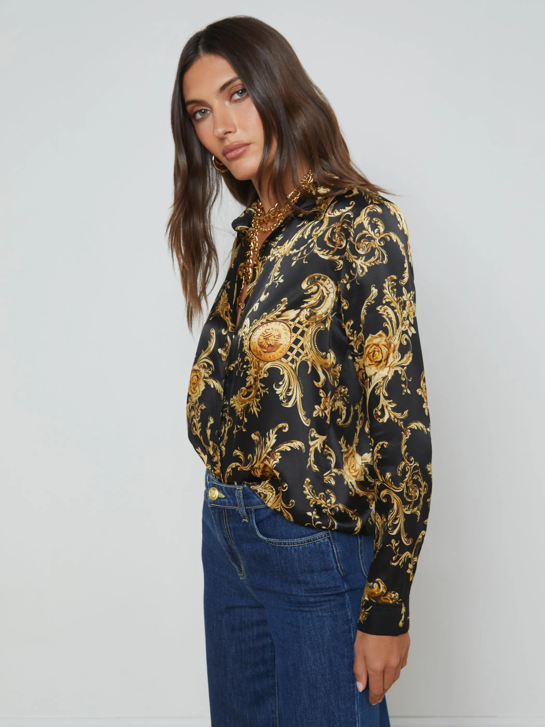 Blouses & Tops*L'AGENCE TYLER SILK BLOUSE Black/GoldBaroccoSwirl