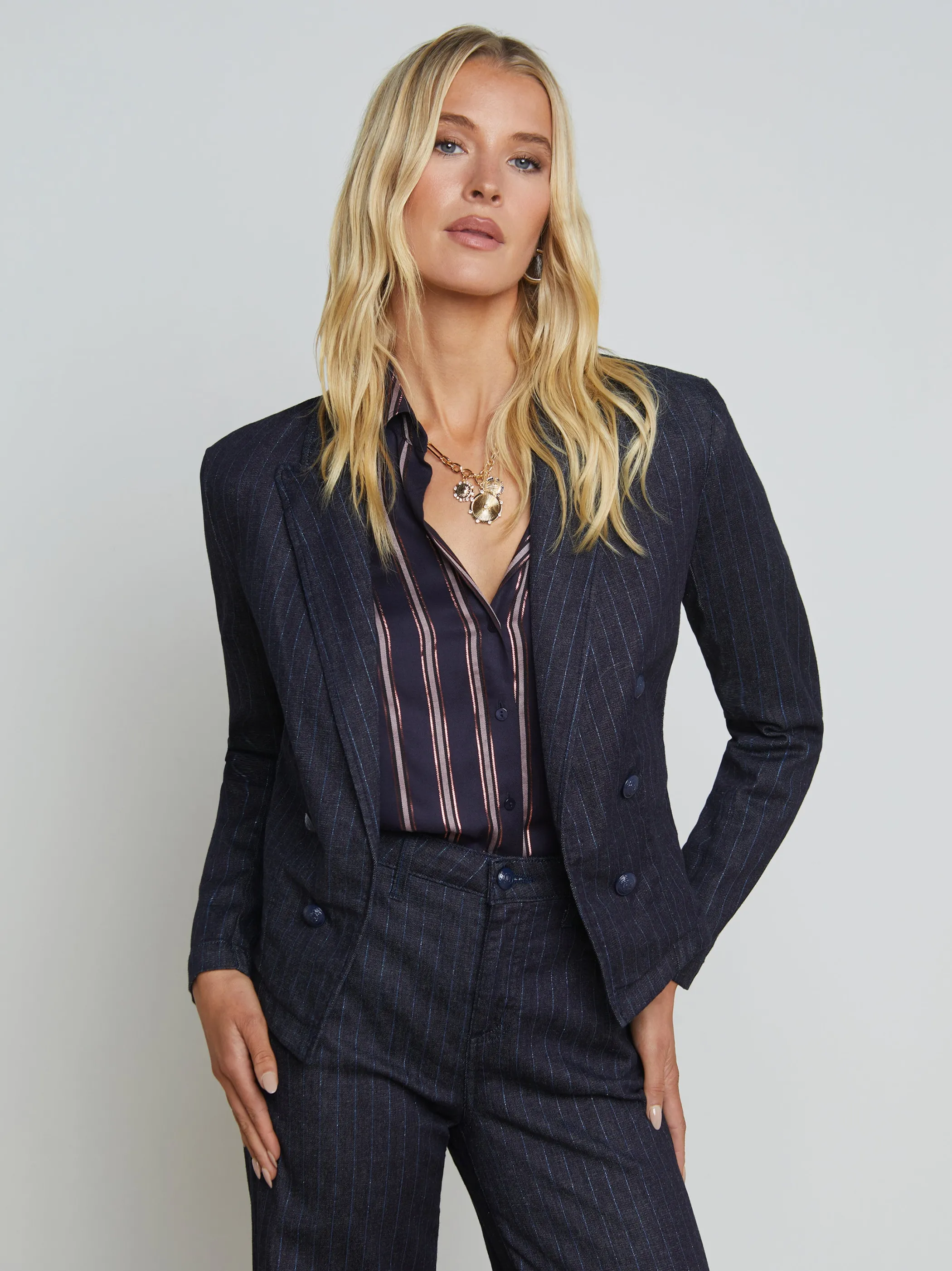 Matching Sets | Blazers & Jackets*L'AGENCE WAYNE OPEN-FRONT BLAZER Indigo/BlueGlitterStripe